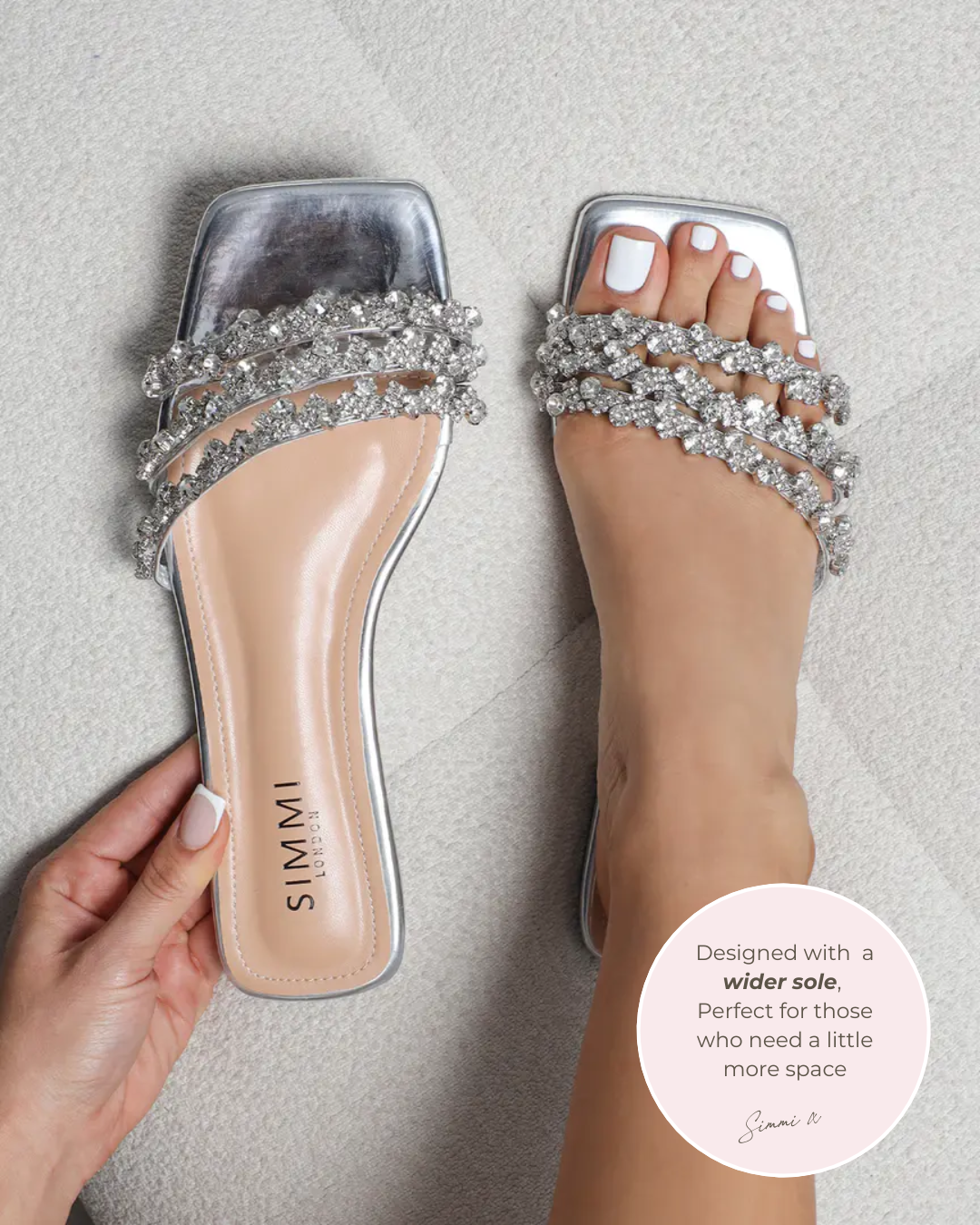 Capri Wide Fit Silver Mirror Diamante Flat Sandals | SIMMI London