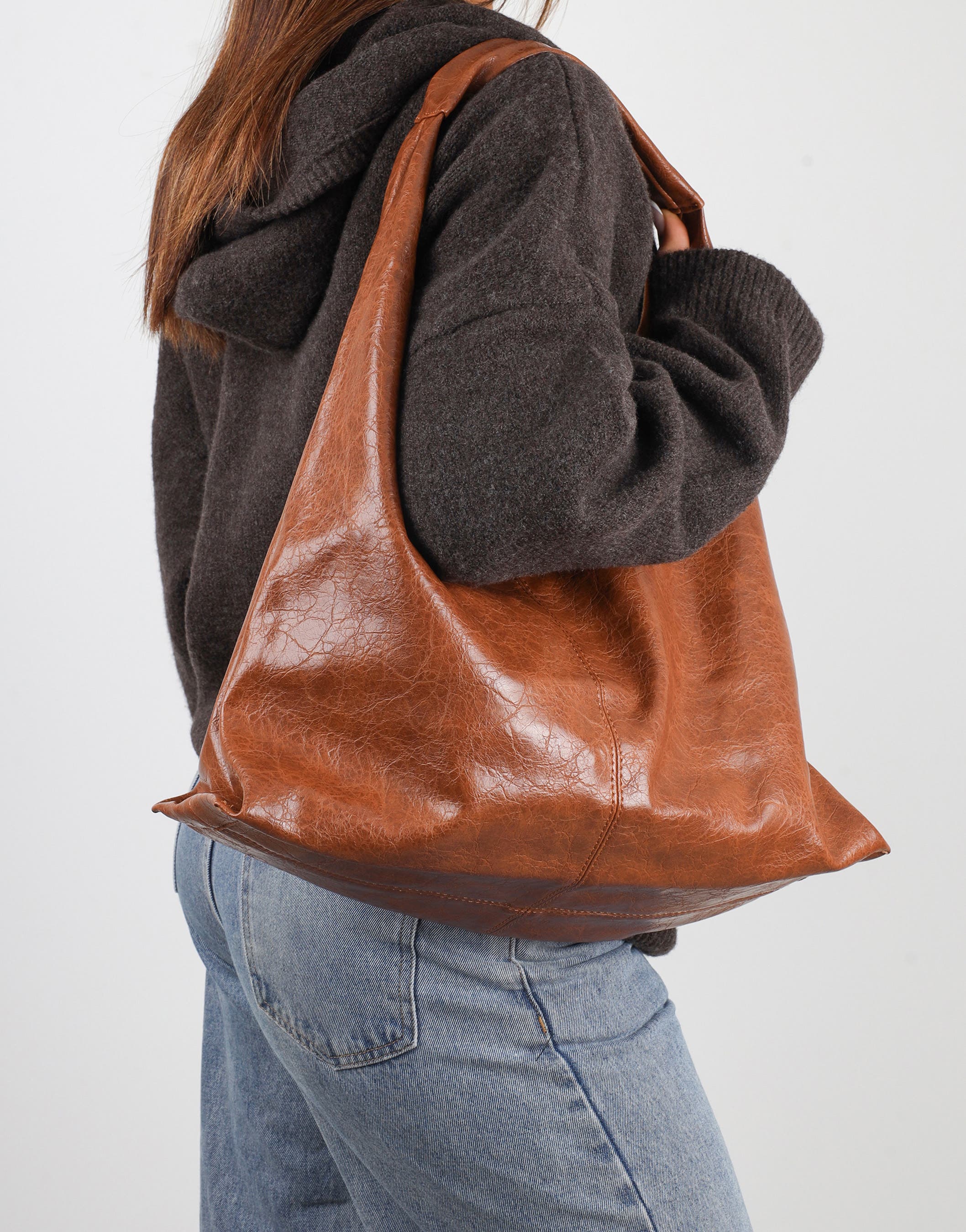 Abina Dark Tan Soft Hobo Shoulder Bag | SIMMI London