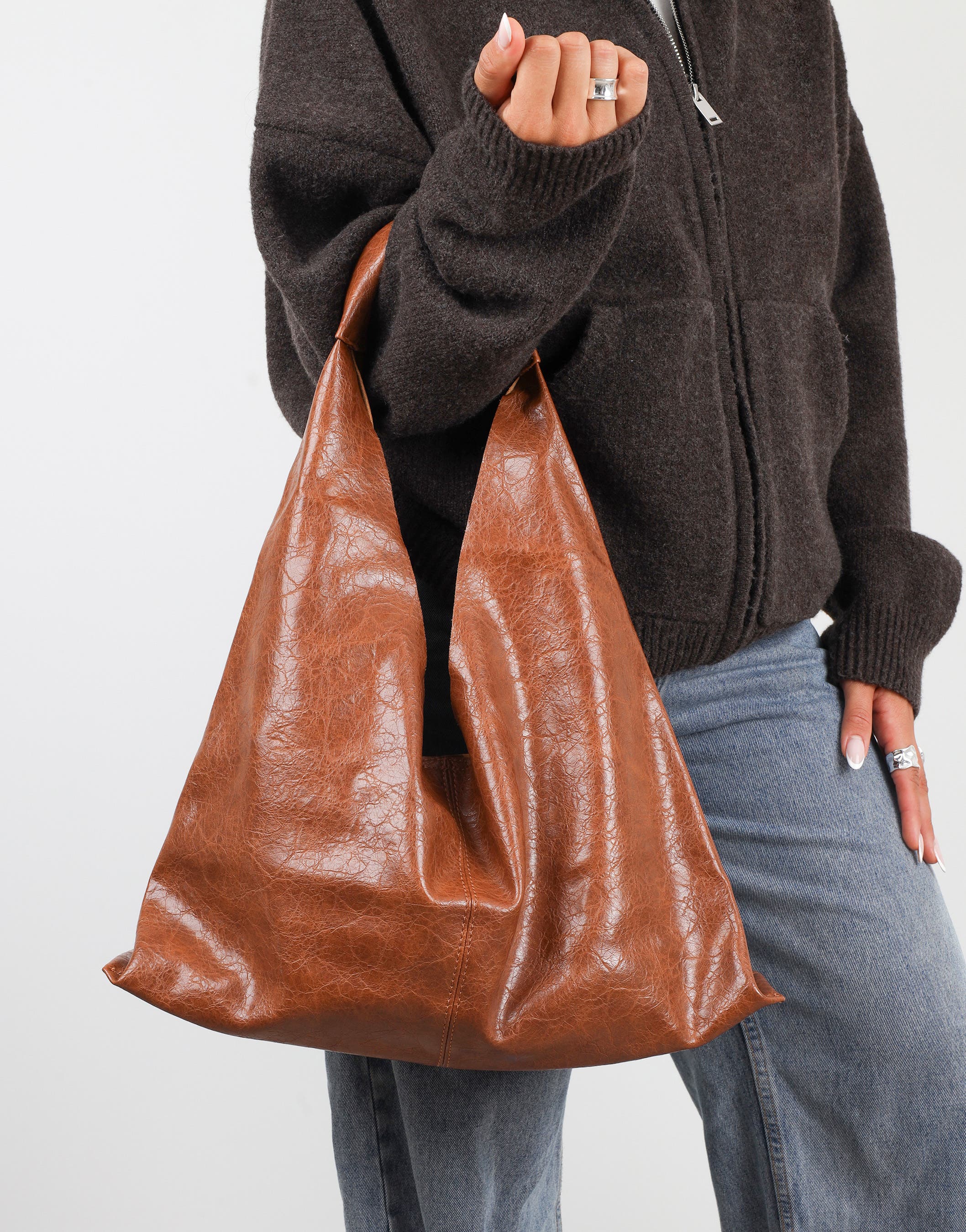 Abina Dark Tan Soft Hobo Shoulder Bag | SIMMI London