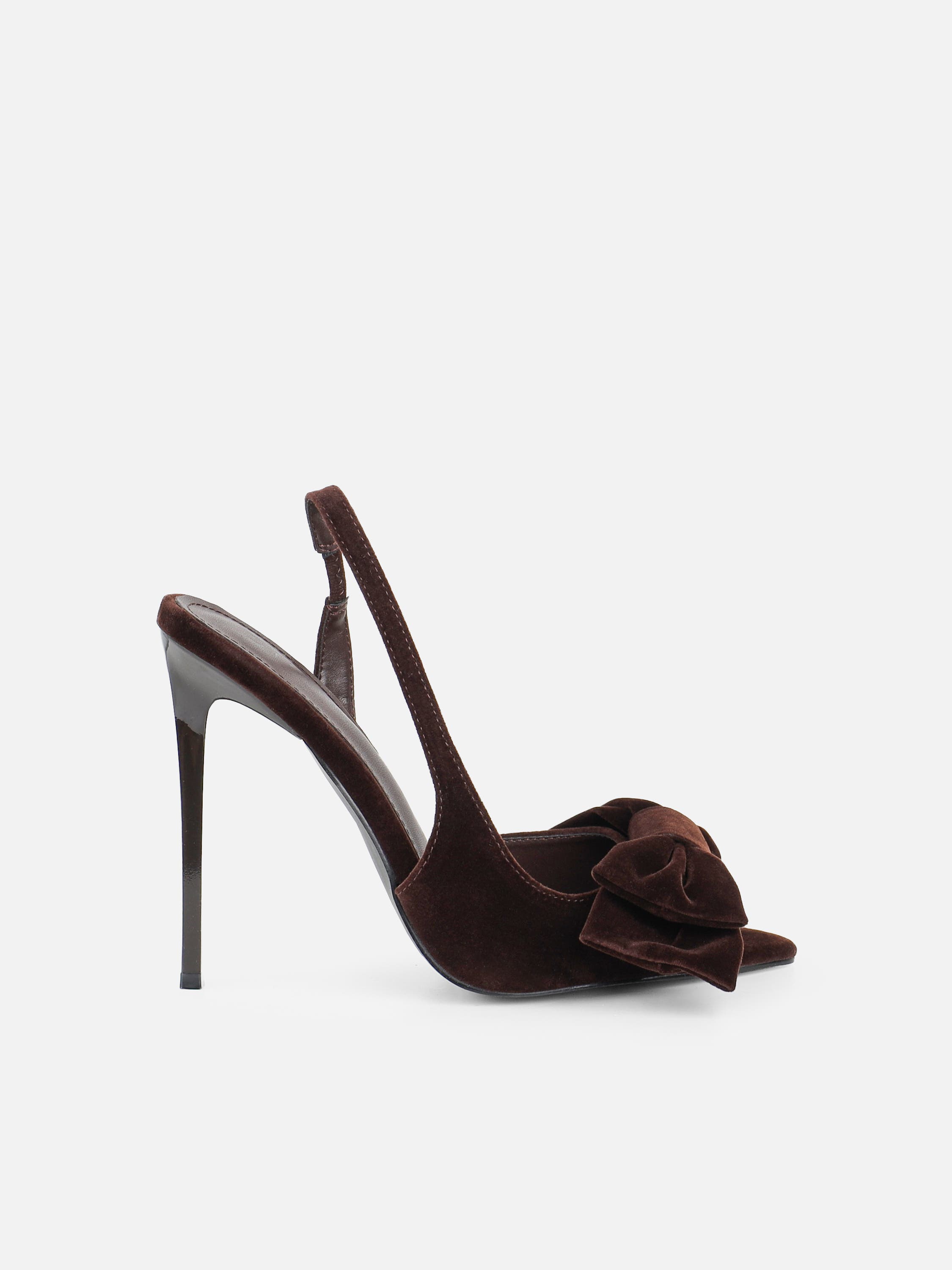Torrez Brown Velvet Bow Detail Peep Toe Heeled Sandals | SIMMI London