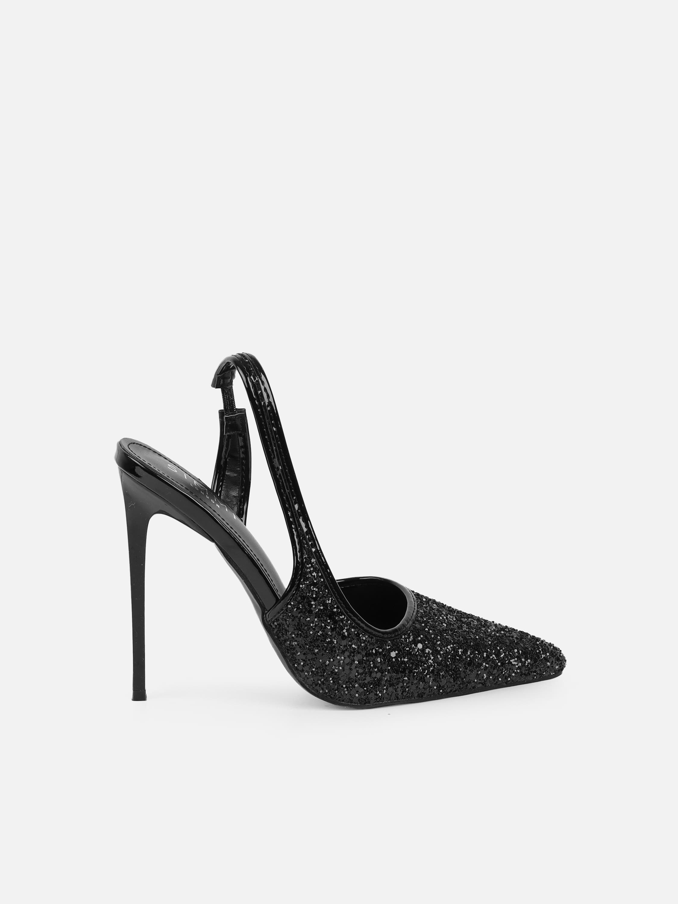 Hollie Black Glitter Slingback Court Shoes | SIMMI London