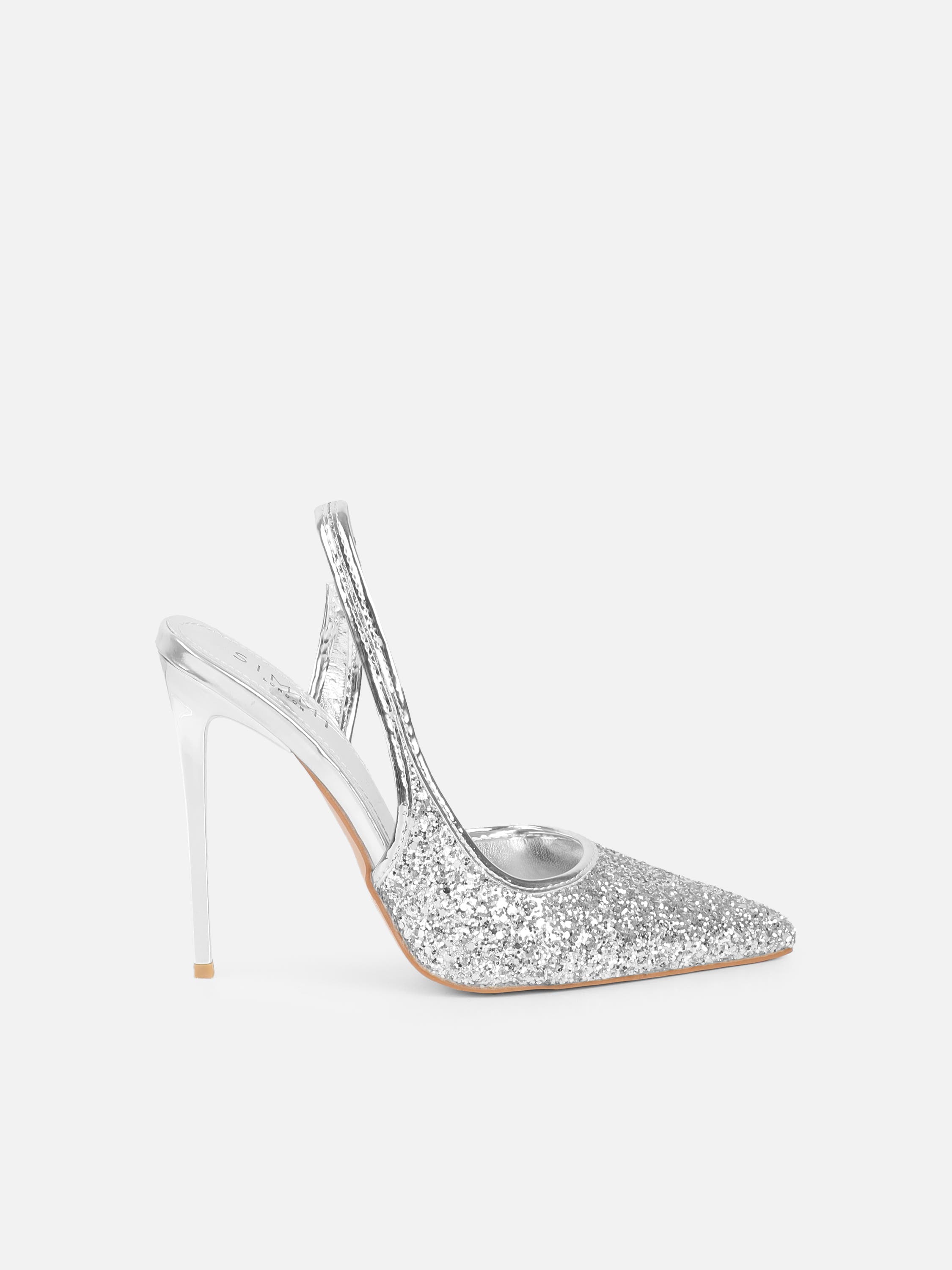 Hollie Silver Glitter Slingback Court Shoes | SIMMI London