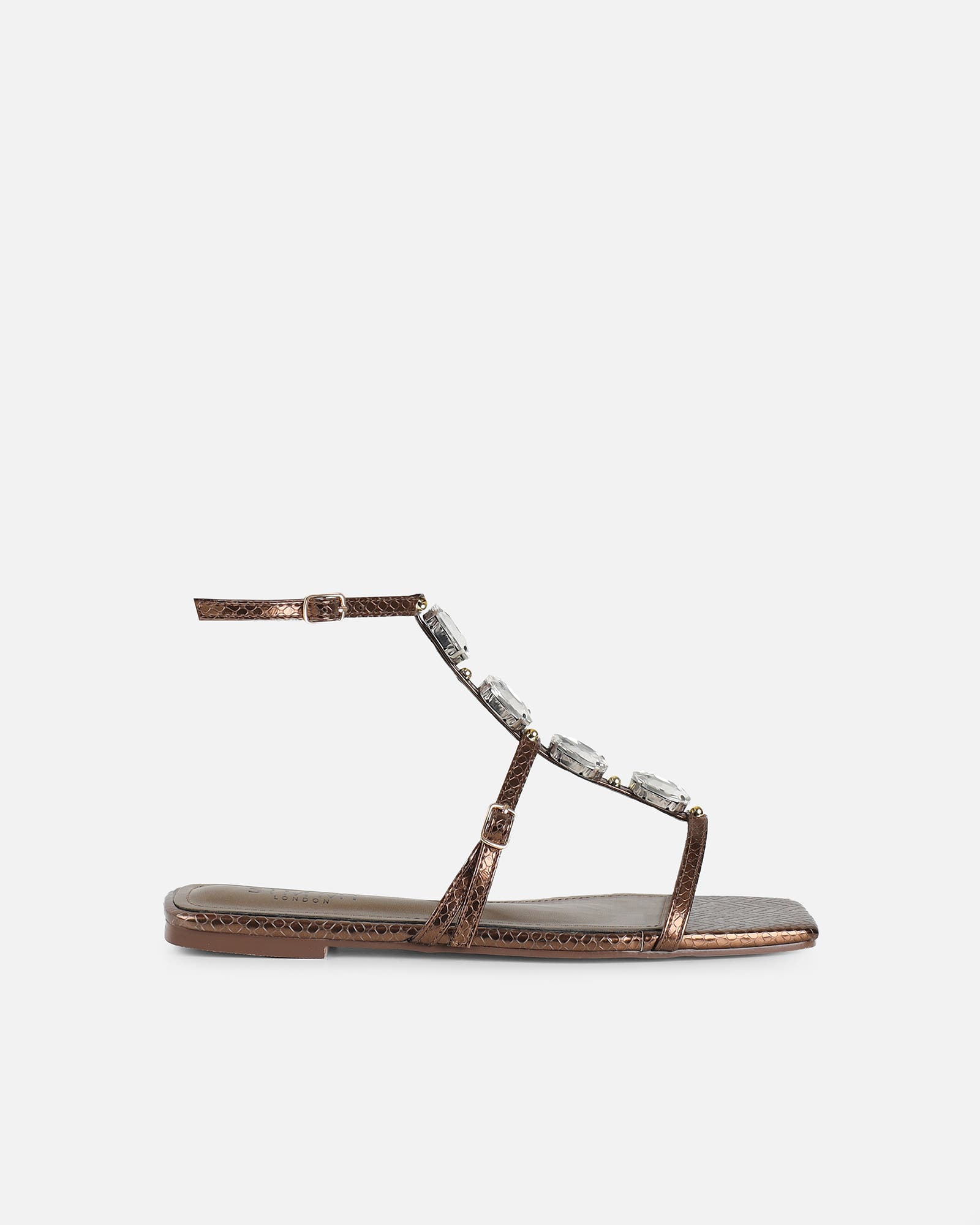 Azura Bronze Snake Embellished Flat Sandals | SIMMI London