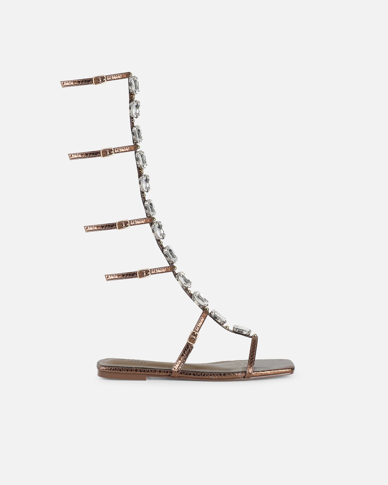 Zenya Bronze Snake Embellished Knee High Sandals | SIMMI London