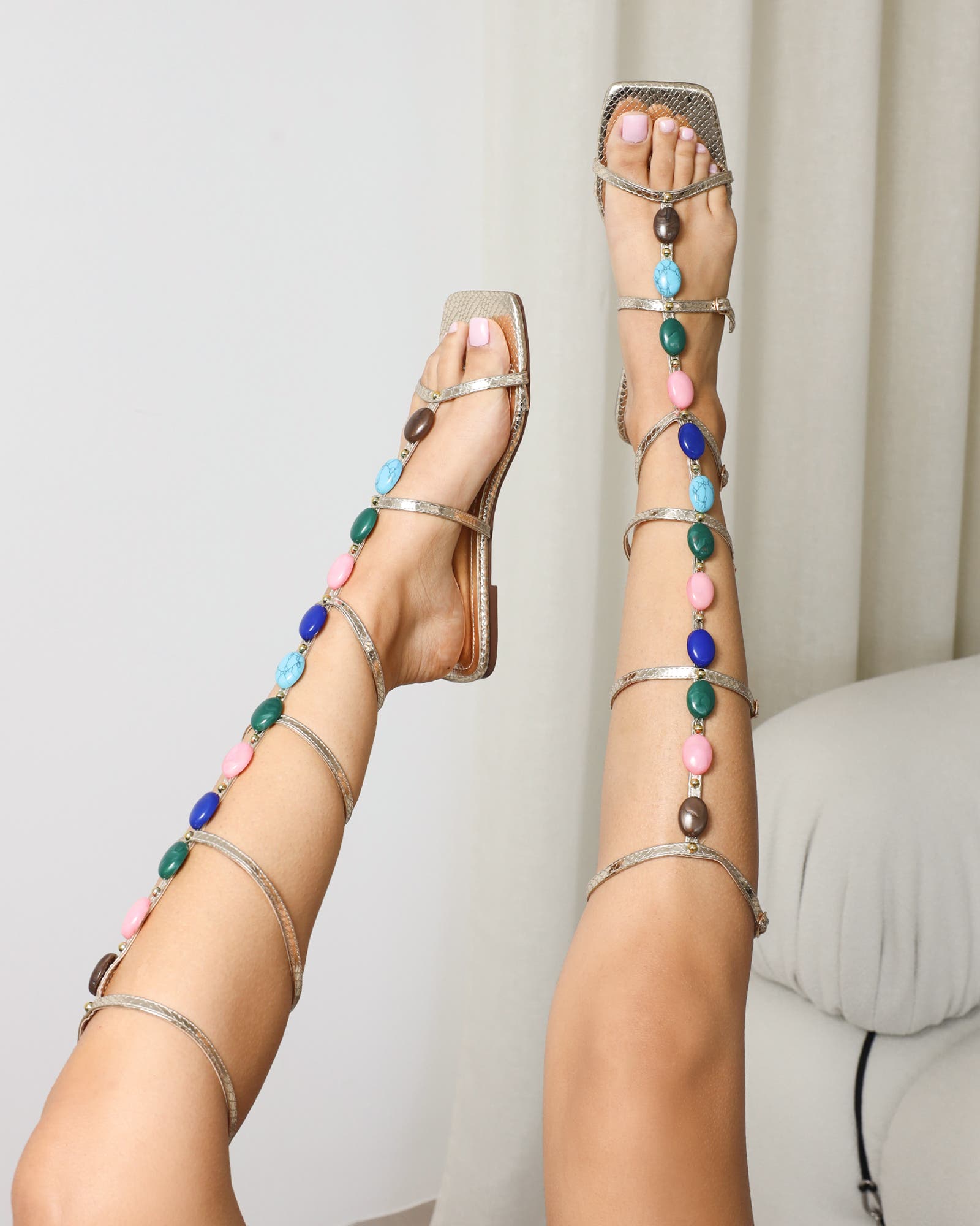 Zenya Gold Snake Embellished Knee High Sandals | SIMMI London