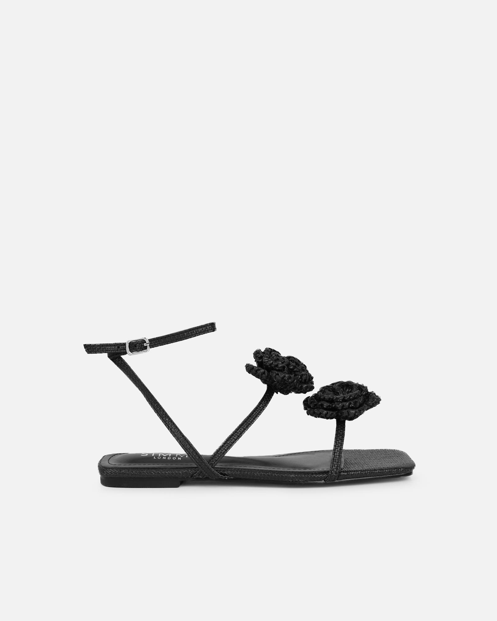 Johanna Black Hesian Flower Detail Flat Sandals | SIMMI London