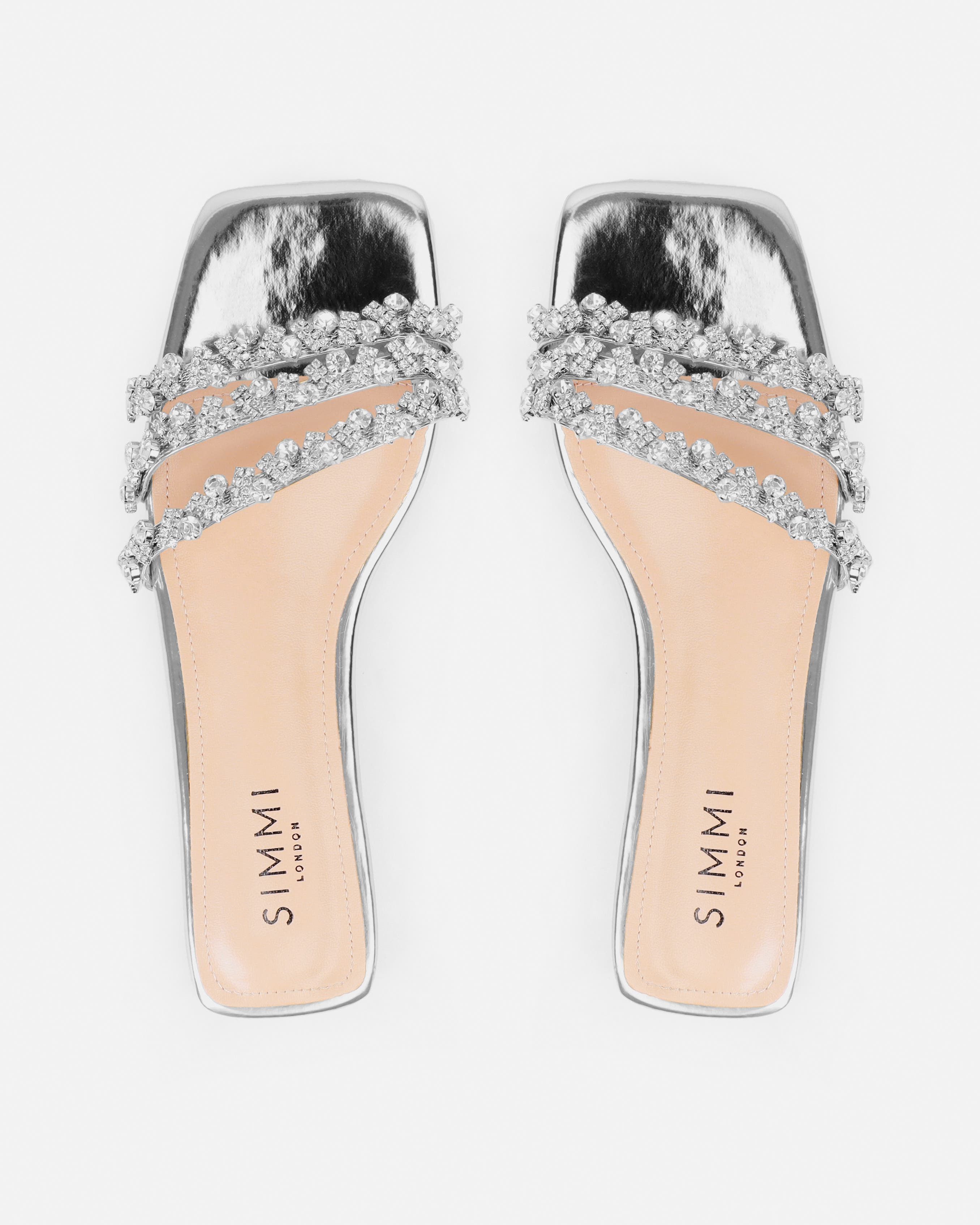 Capri Silver Mirror Diamante Flat Sandals | SIMMI London
