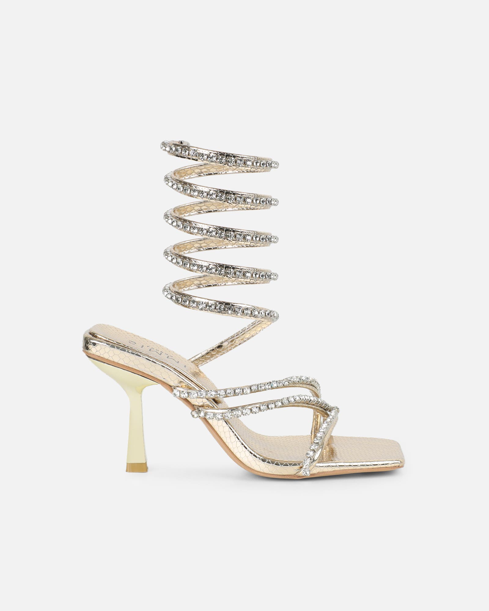 Freesia Gold Faux Snake Print Spiral Mid Heels | SIMMI London