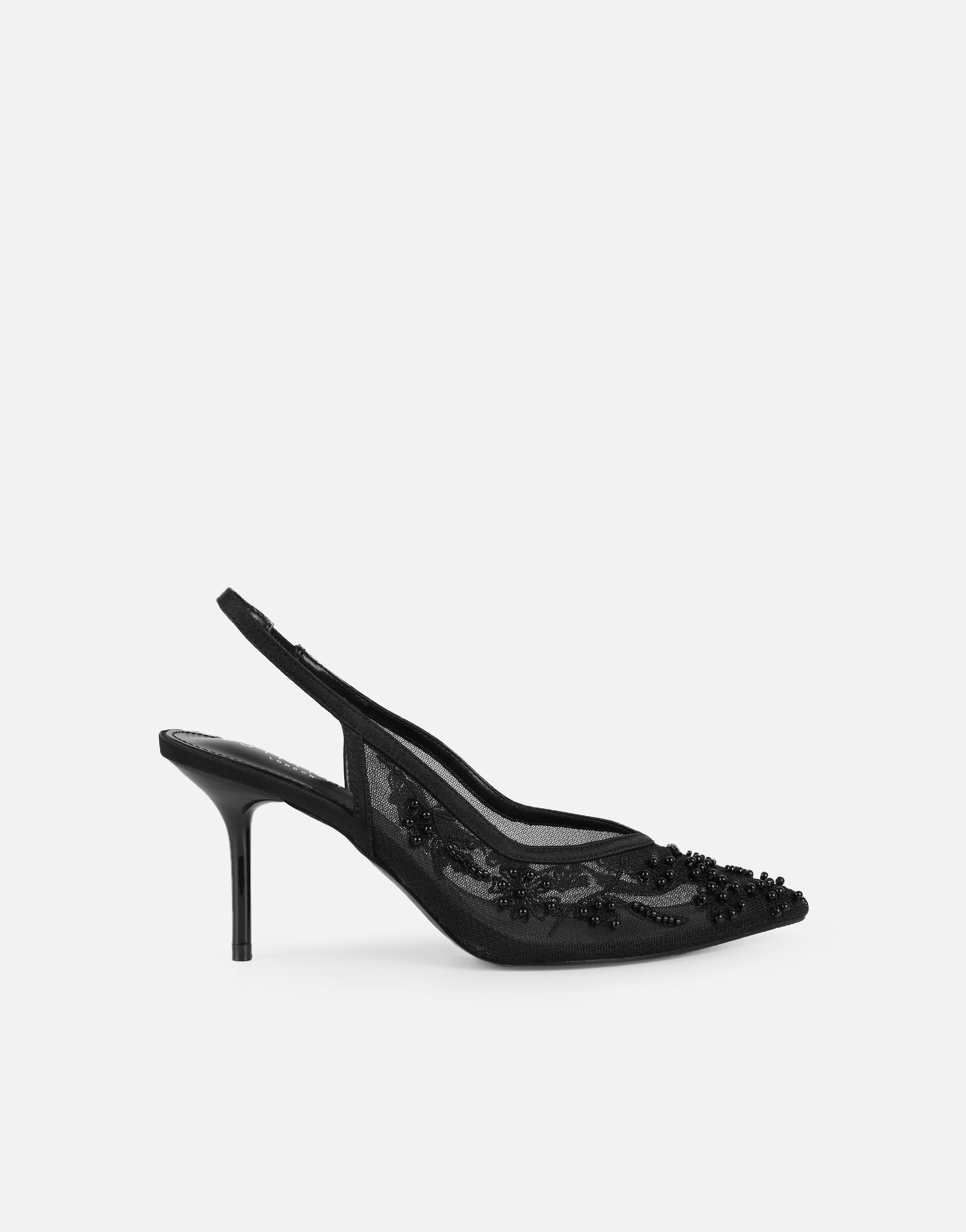 Alizia Black Mesh Embellished Slingback Courts | SIMMI London