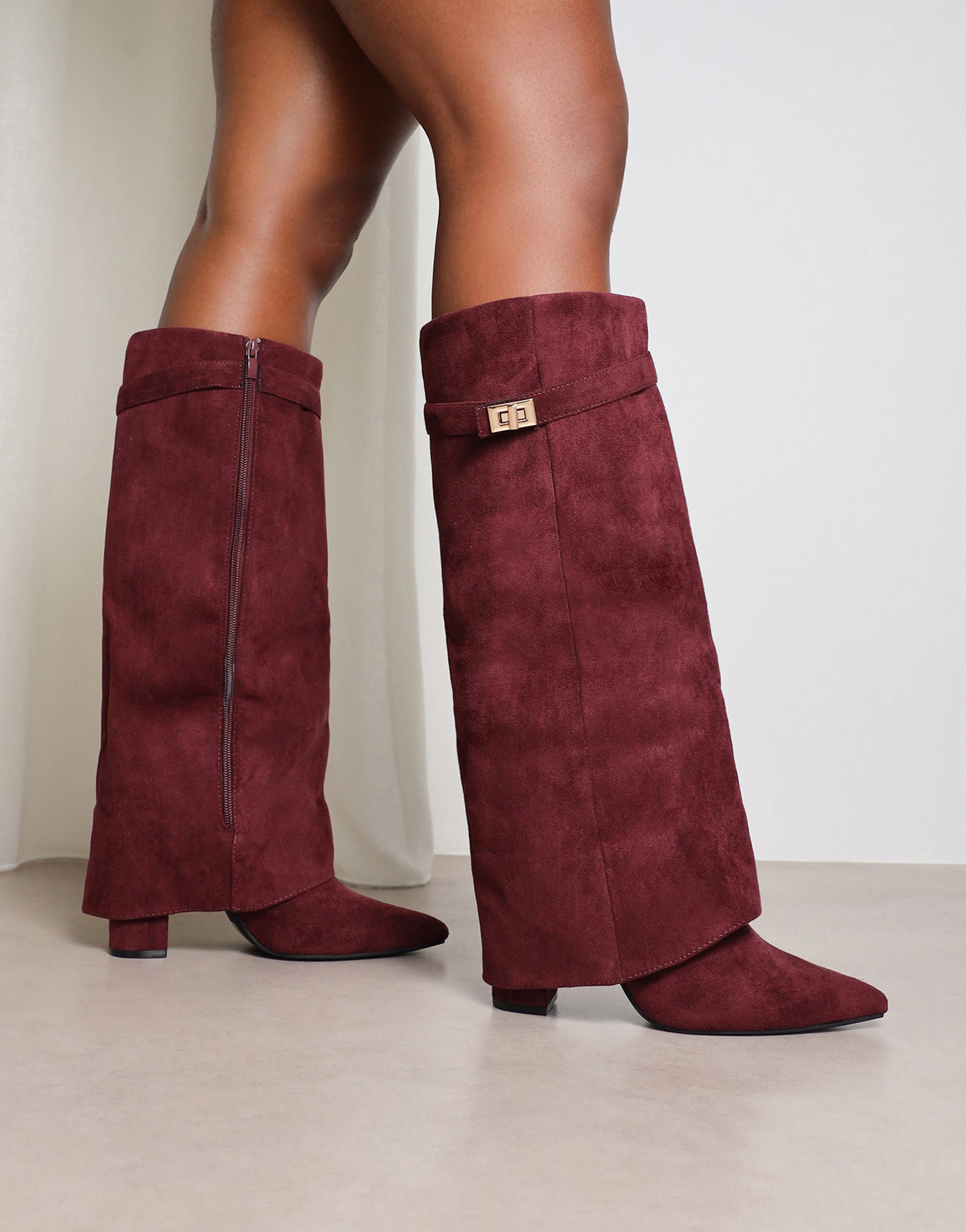 Anais Burgundy Microfibre Foldover Buckle Detail Heeled Boots | SIMMI London