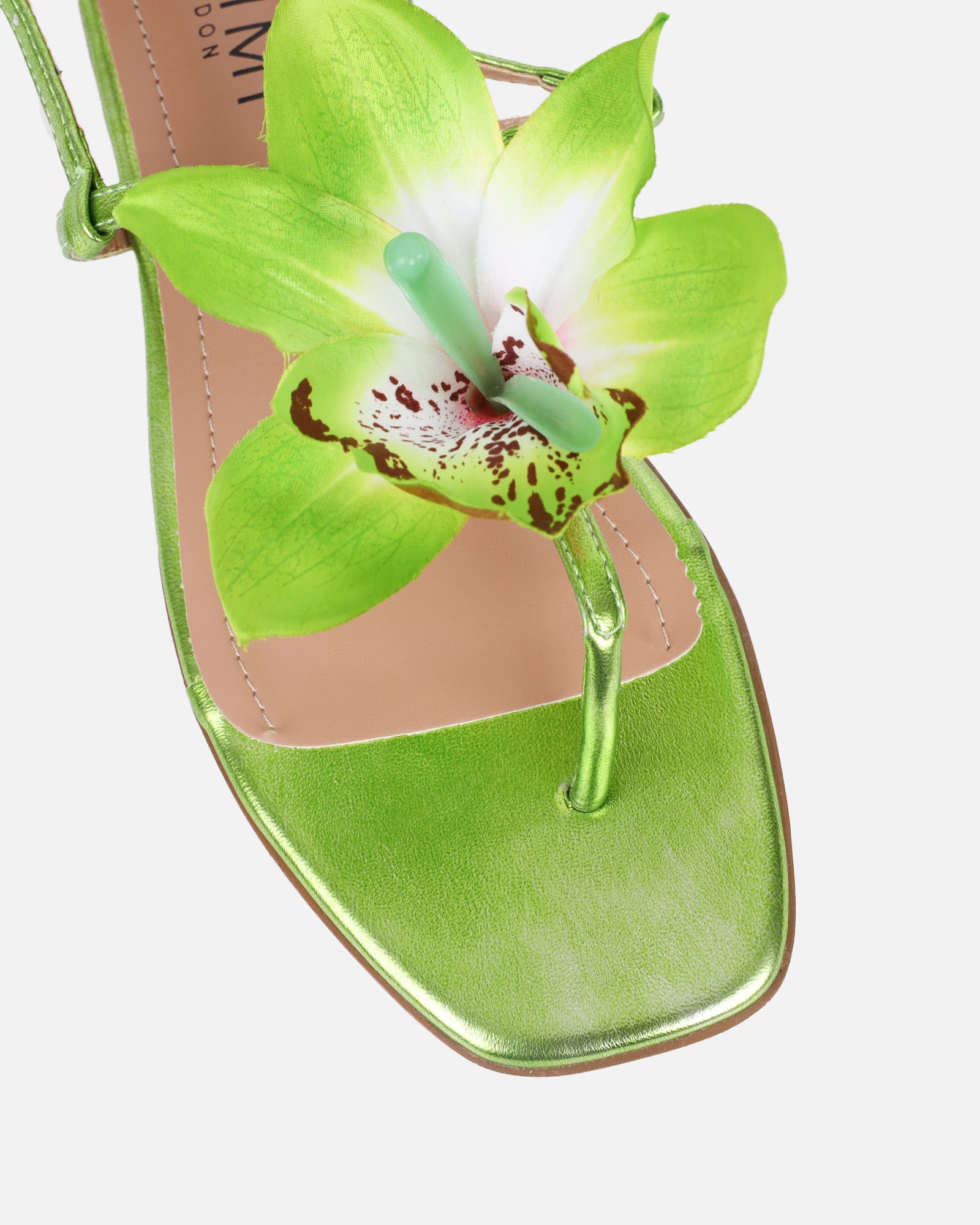 Aoife Green Metallic Flower Detail Sandals | SIMMI London