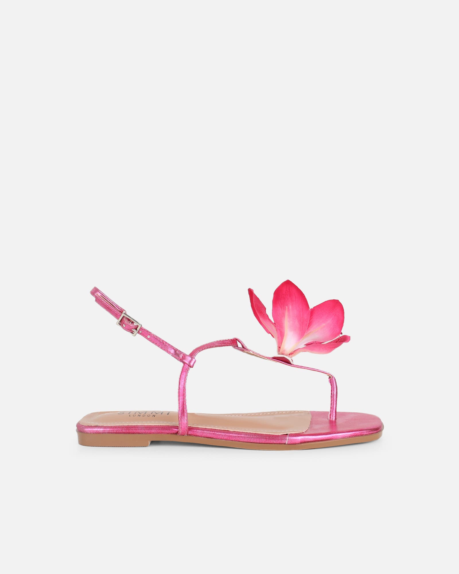 Aoife Pink Metallic Flower Detail Flat Sandals | SIMMI London