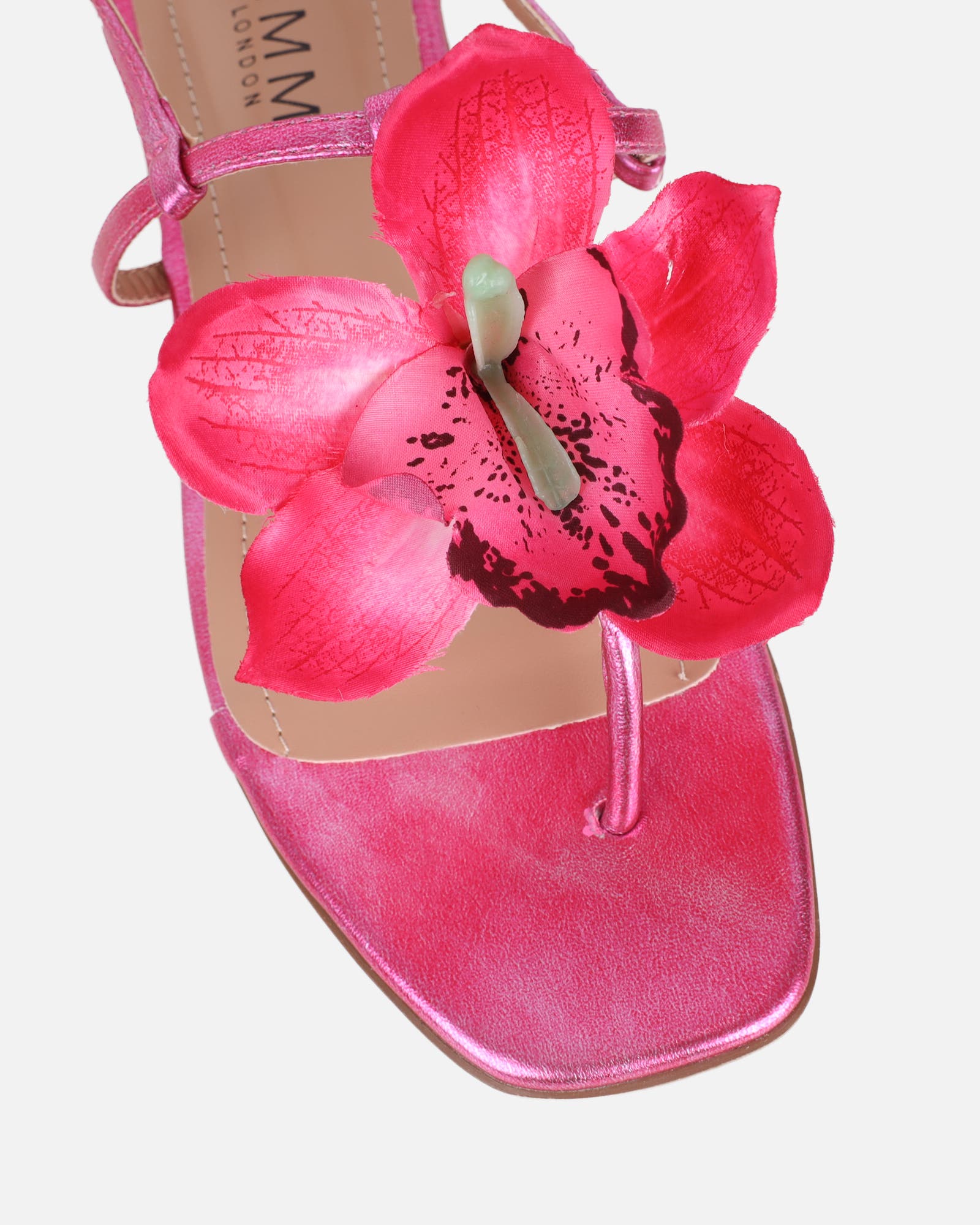Aoife Pink Metallic Flower Detail Flat Sandals | SIMMI London