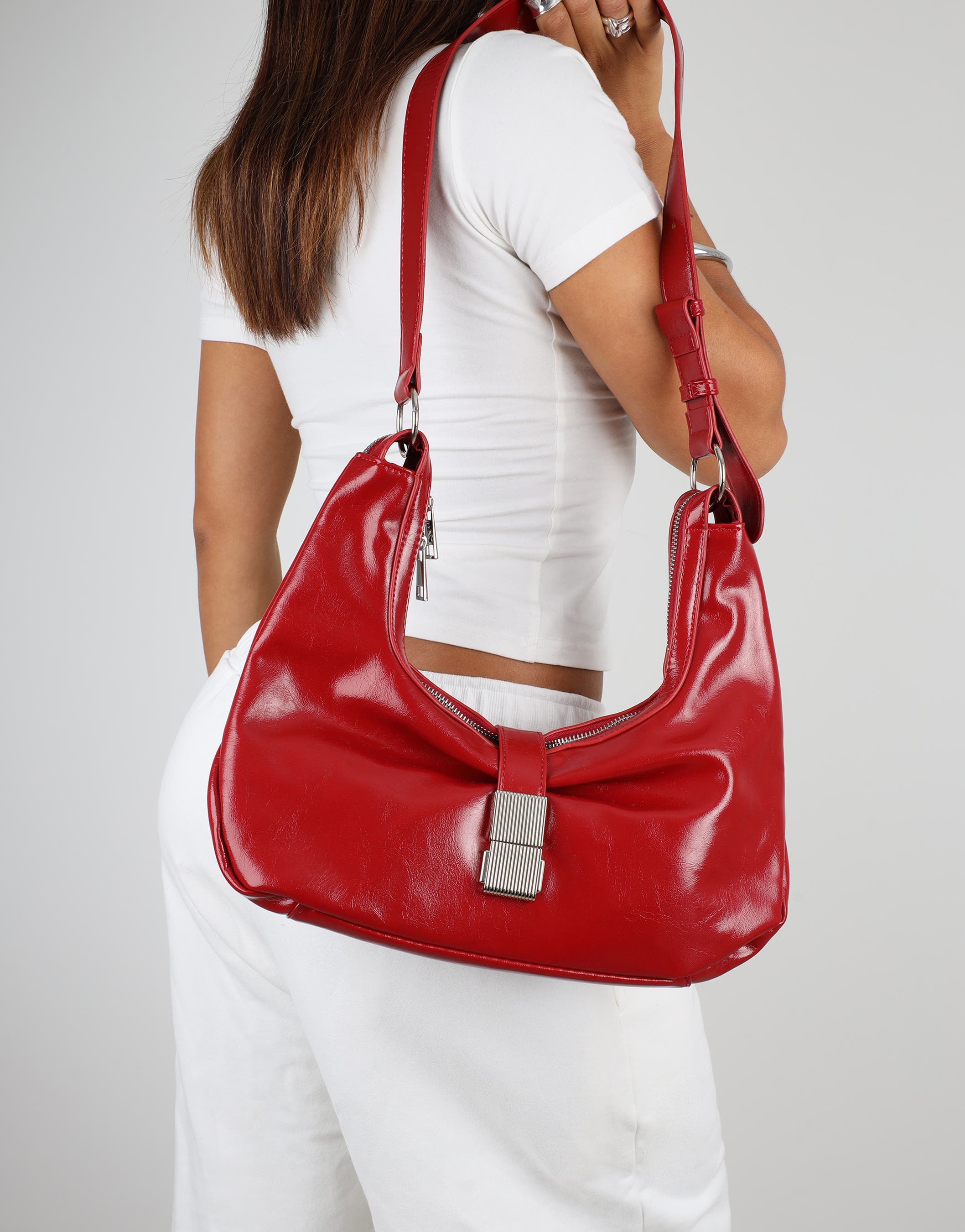 Asher Red Buckle Detail Shoulder Bag | SIMMI London