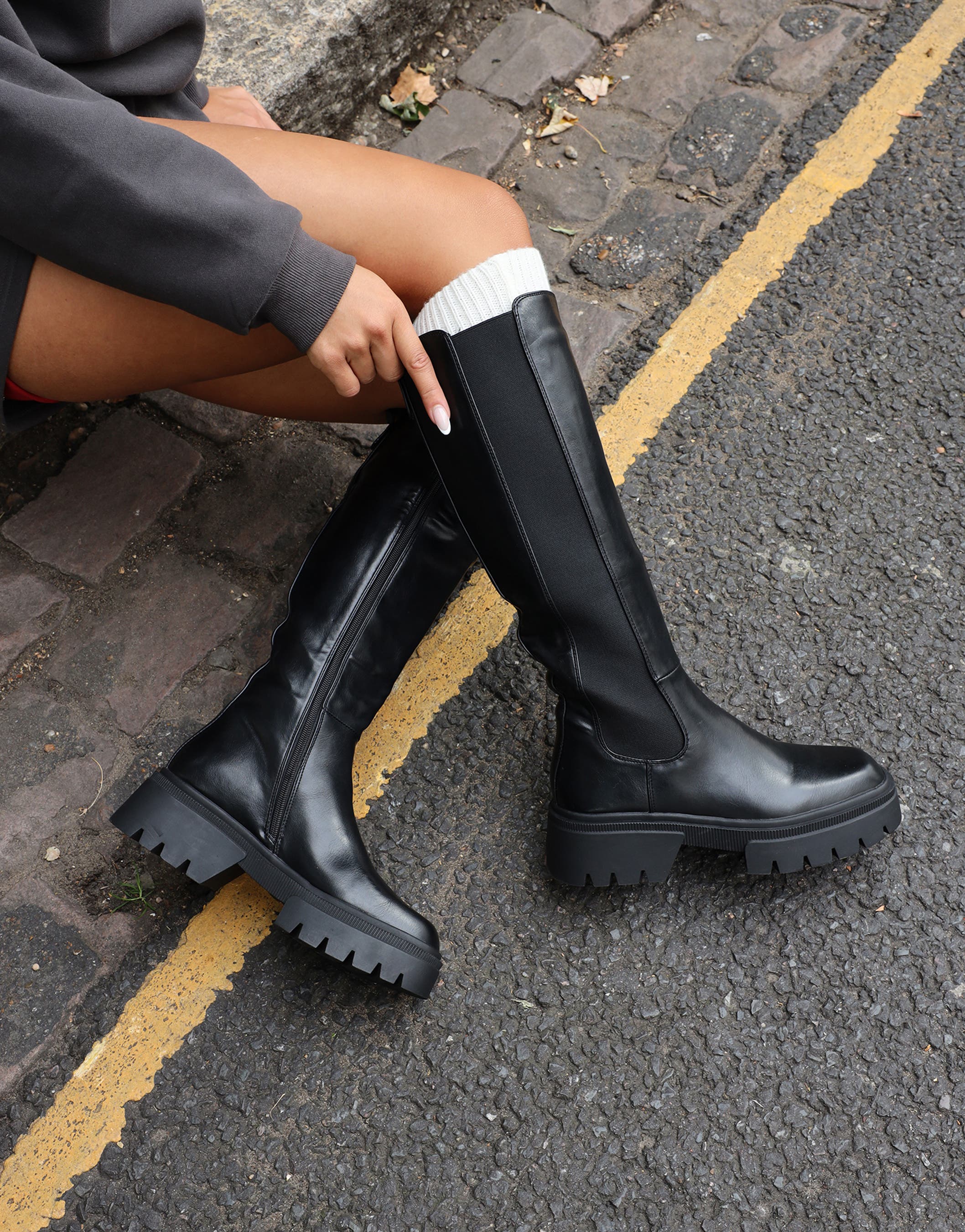 Brookes Black Knee High Chunky Boots | SIMMI London