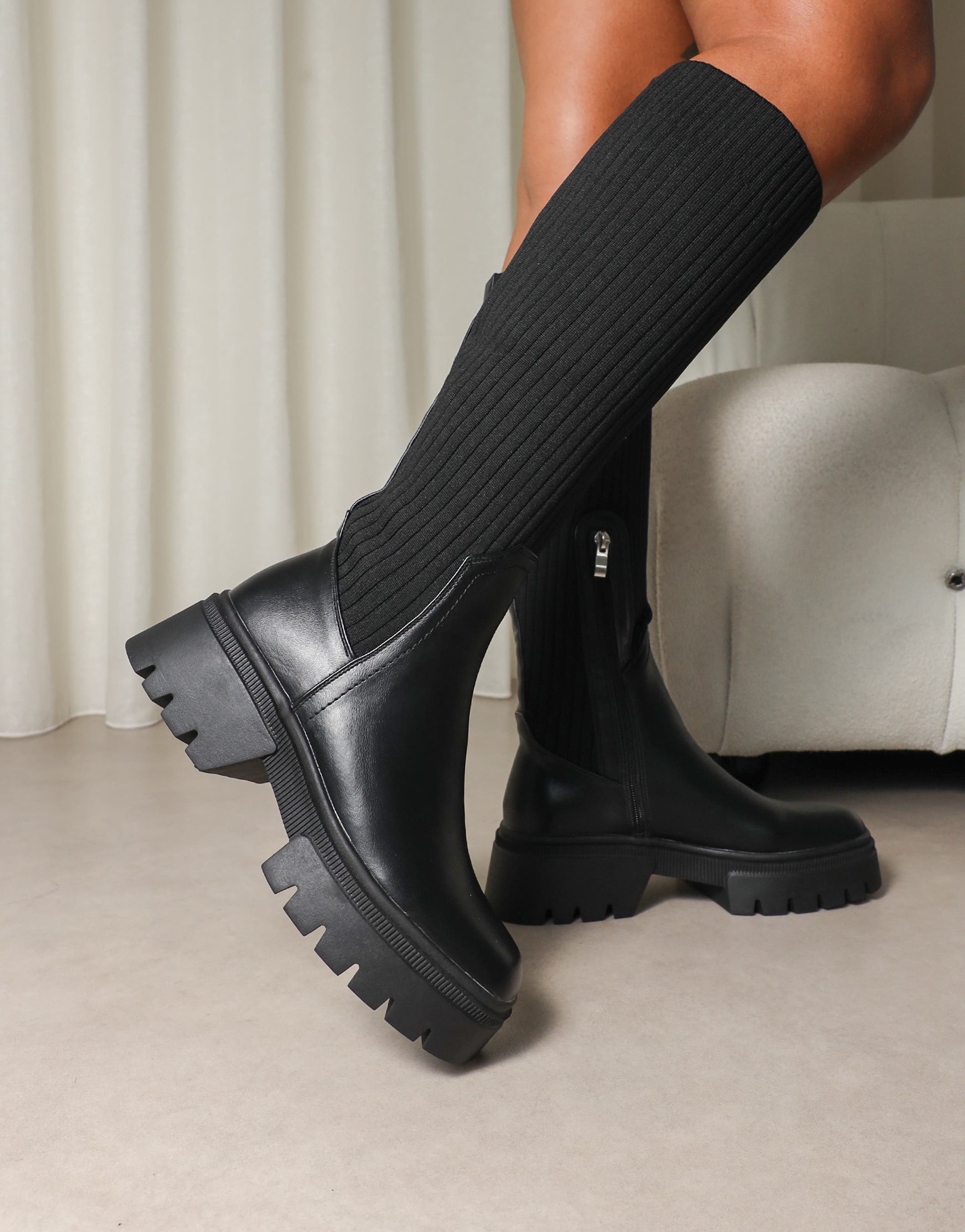 Kenneth Black Knit Knee High Chunky Boots | SIMMI London