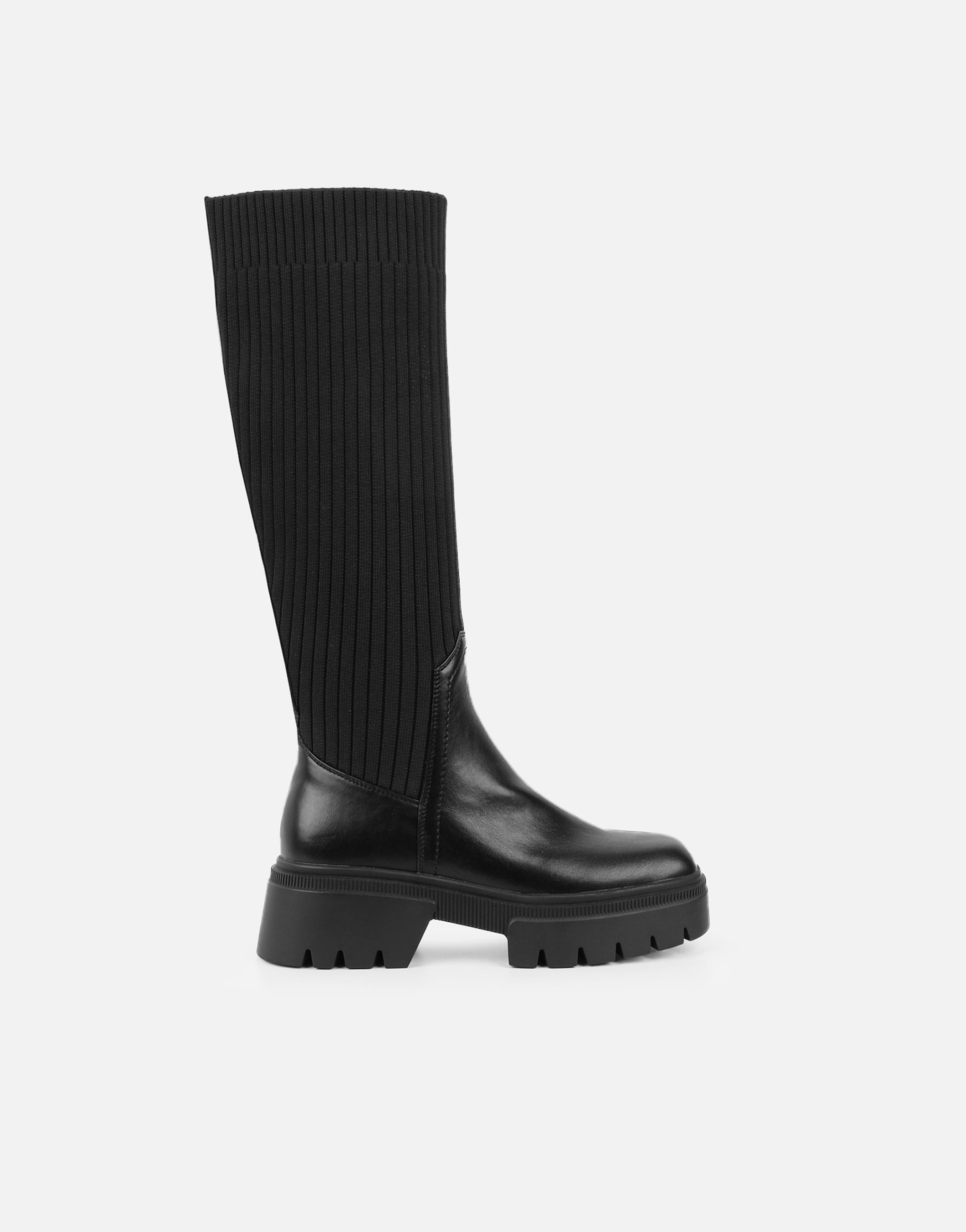 Kenneth Black Knit Knee High Chunky Boots | SIMMI London