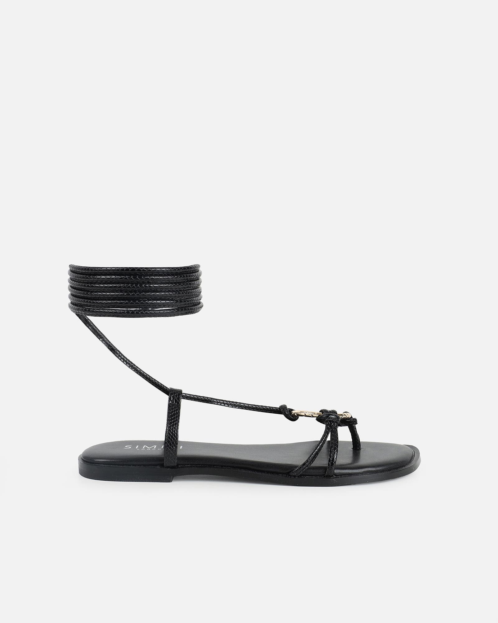 Bari Black Tie Up Gold Detail Sandals | SIMMI London