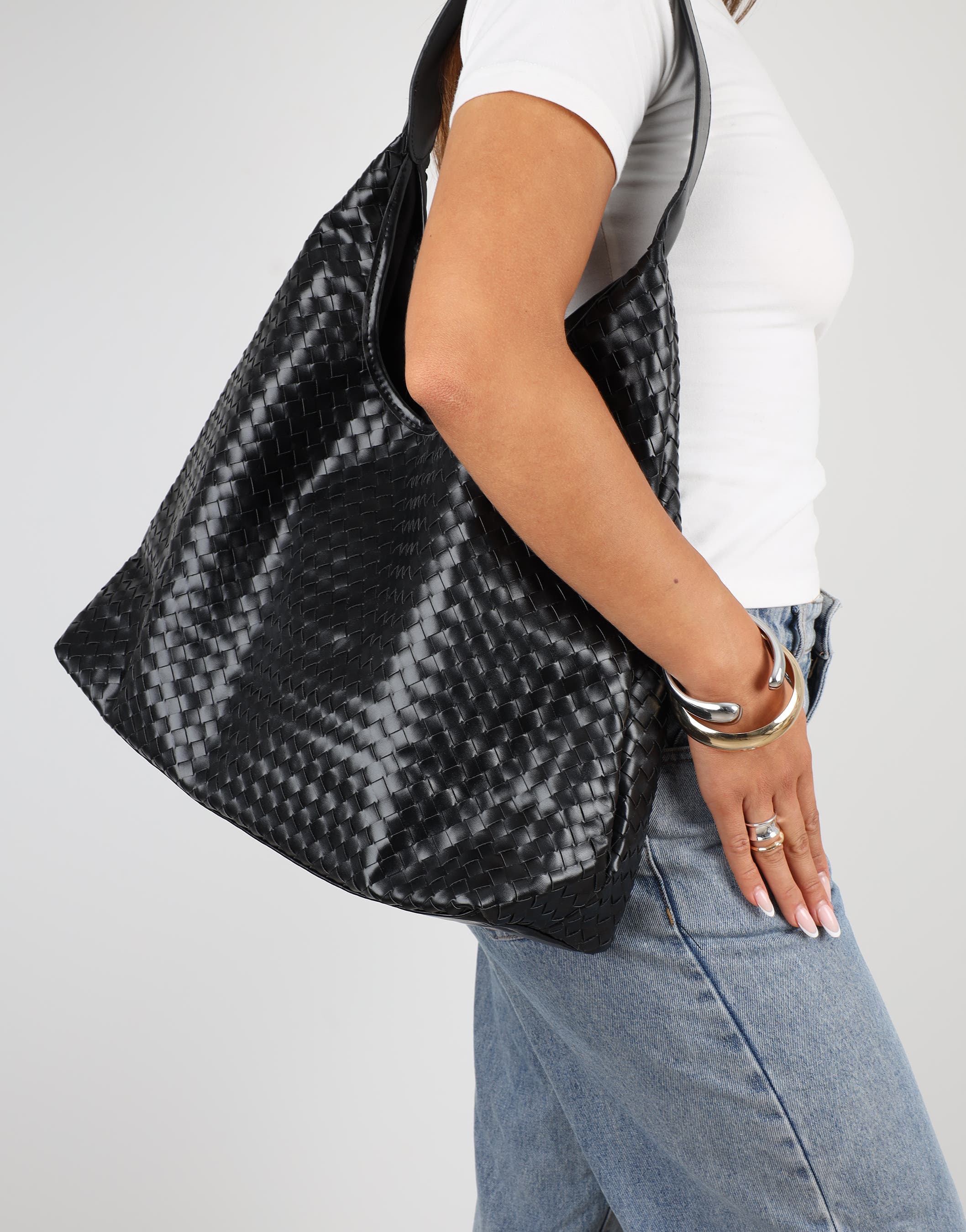 Caria Black Woven Shoulder Bag | SIMMI London