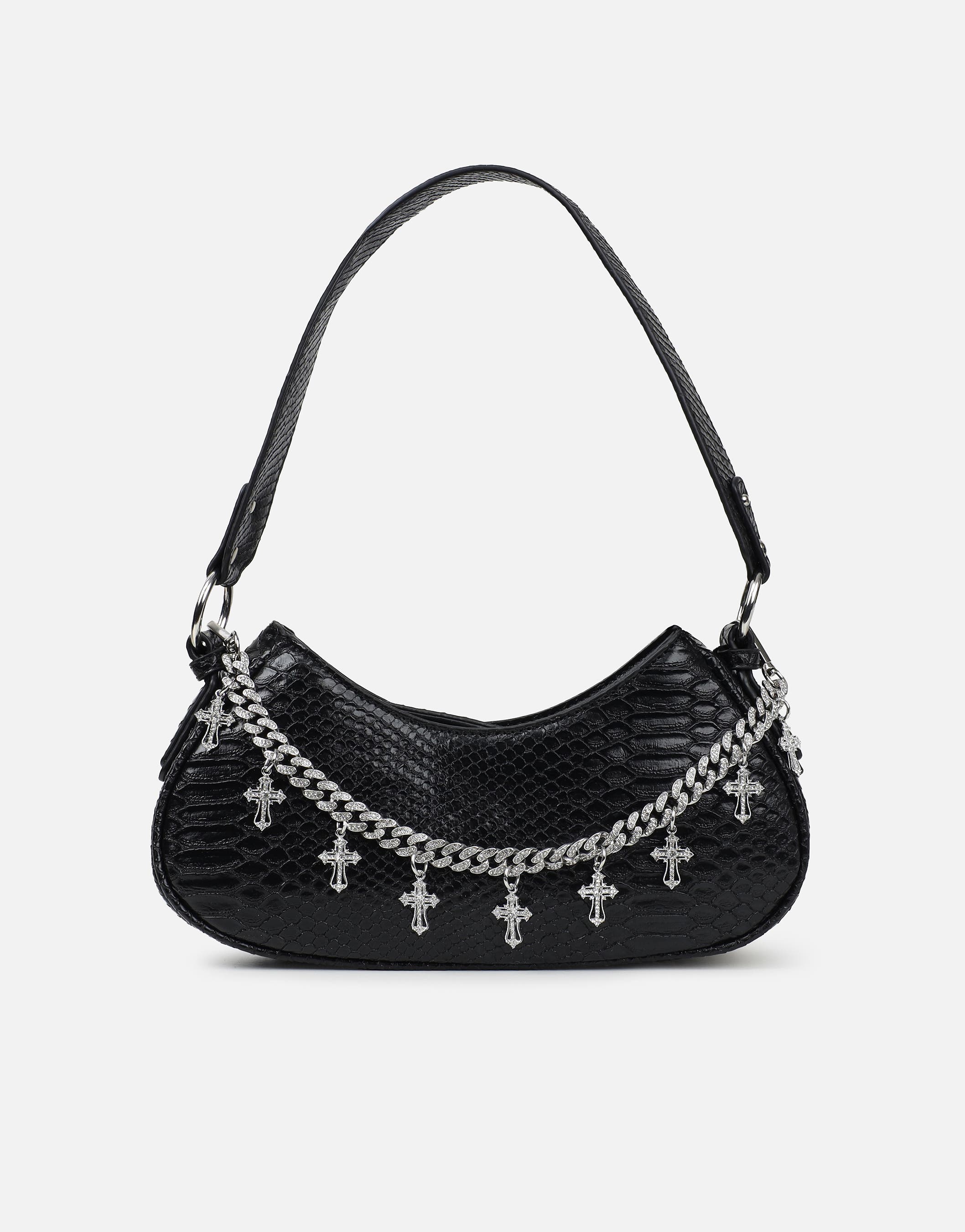 Carmine Black Snake Effect Diamante Cross Chain Shoulder Bag | SIMMI London