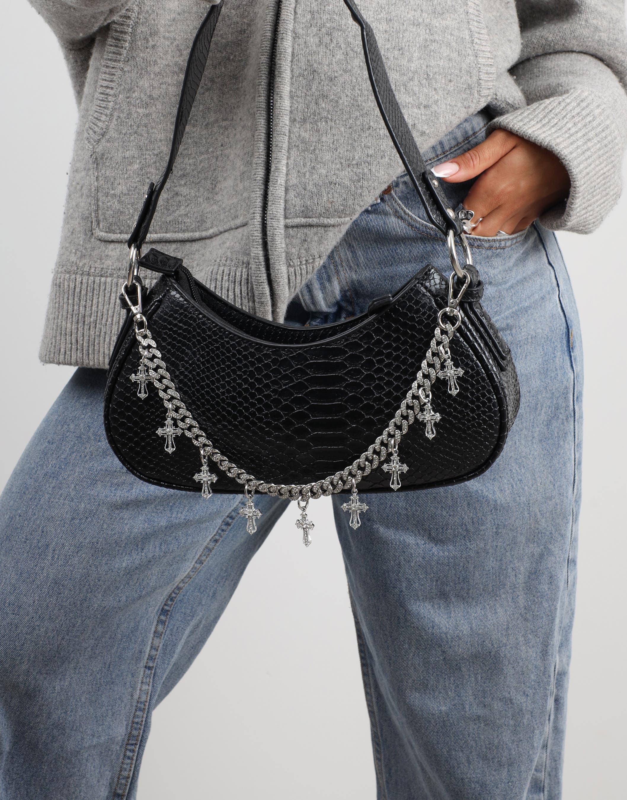 Carmine Black Snake Effect Diamante Cross Chain Shoulder Bag | SIMMI London