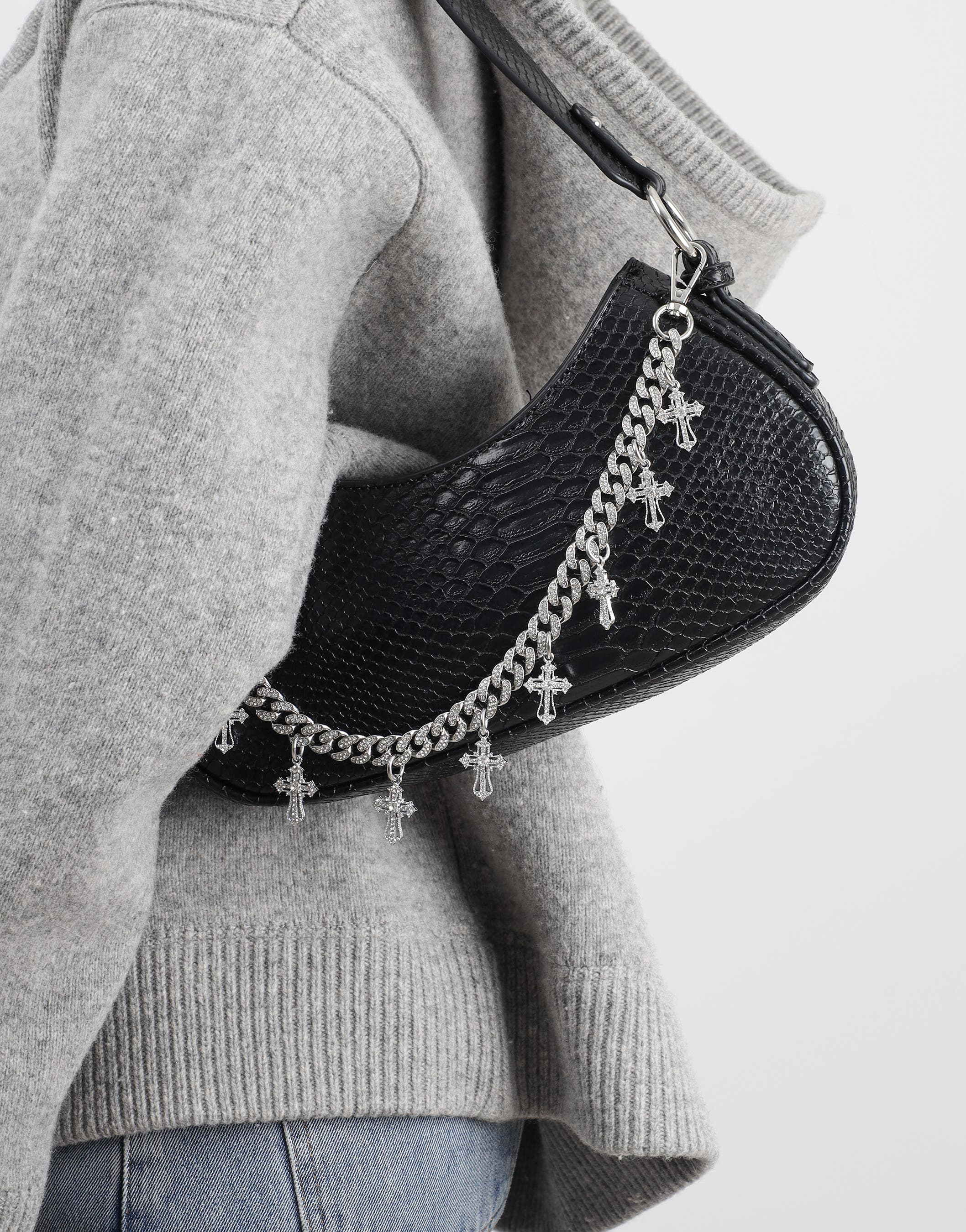 Carmine Black Snake Effect Diamante Cross Chain Shoulder Bag | SIMMI London