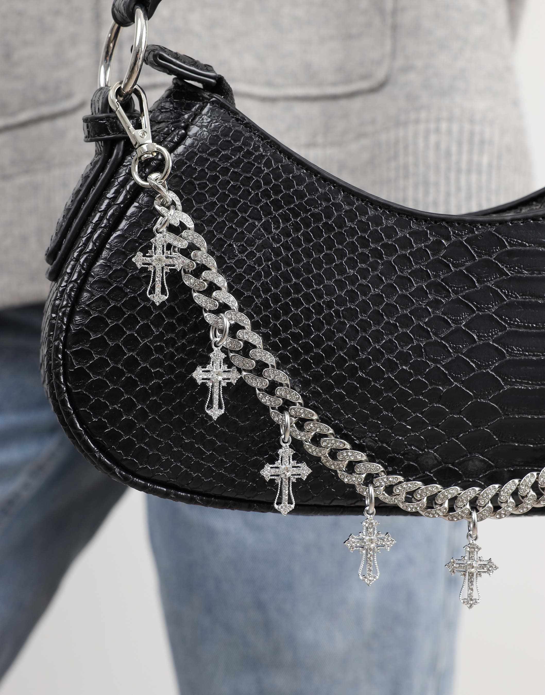 Carmine Black Snake Effect Diamante Cross Chain Shoulder Bag | SIMMI London