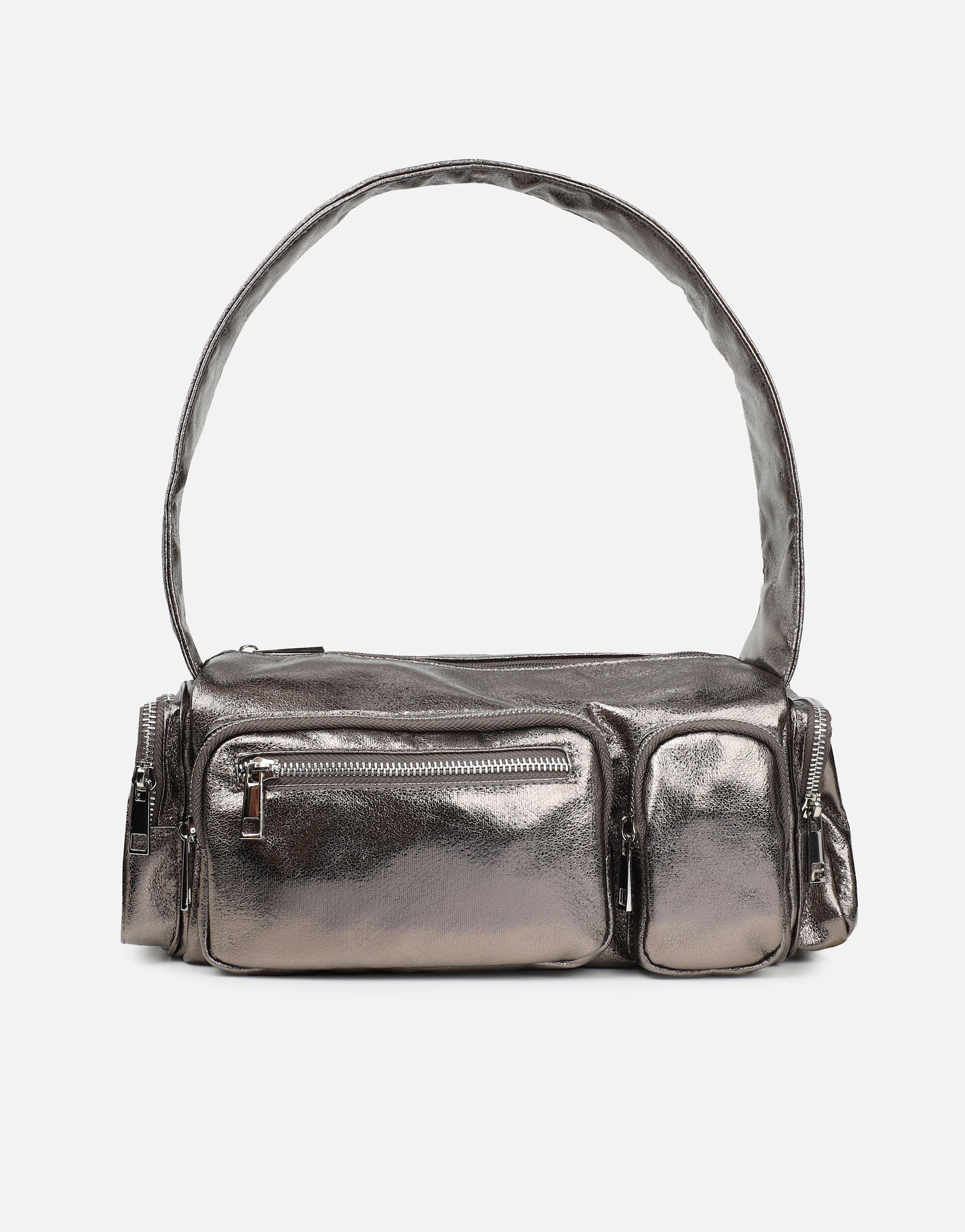 Ceyda Pewter Metallic Barrel Utility Shoulder Bag | SIMMI London