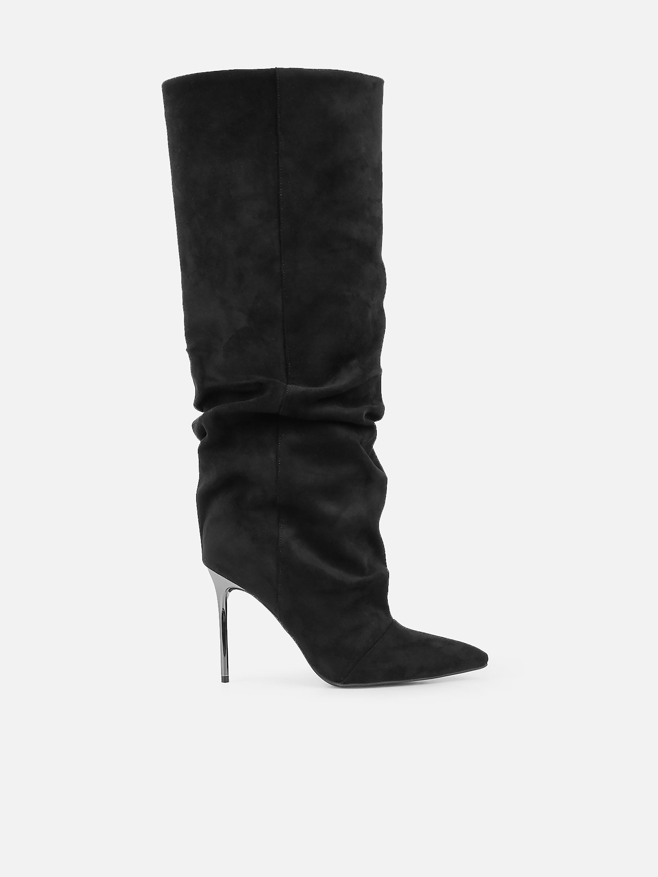 Cotton Black Suede Ruched Heeled Boots | SIMMI London