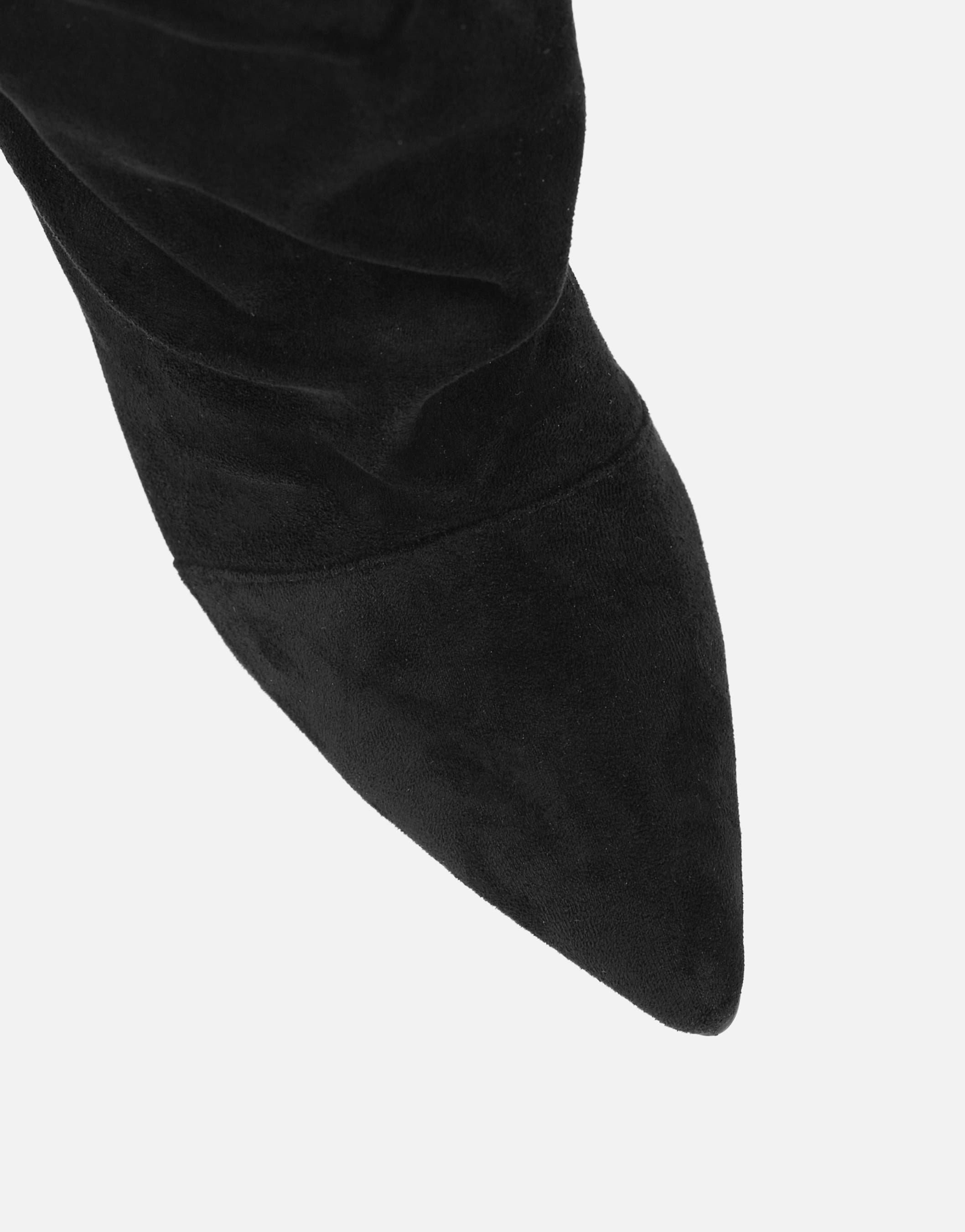 Cotton Black Suede Ruched Heeled Boots | SIMMI London
