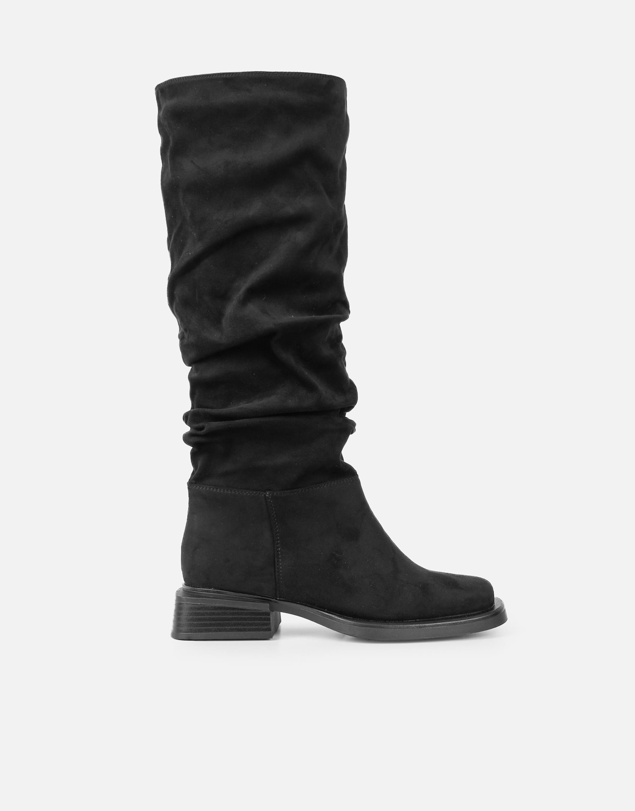 Amrose Black Suede Ruched Heeled Boots | SIMMI London