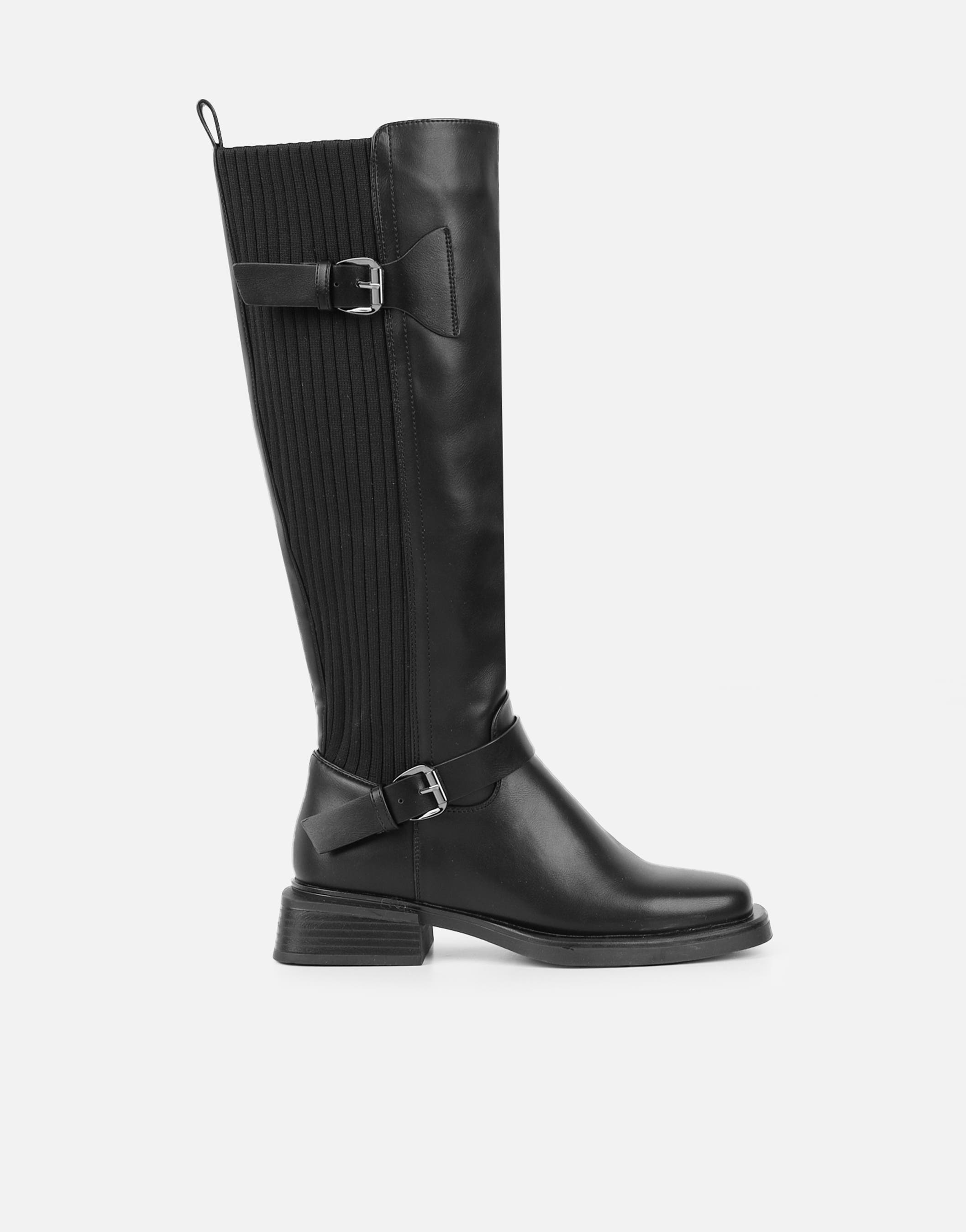 Dilly Black Knee High Buckle Detail Sock Boots | SIMMI London