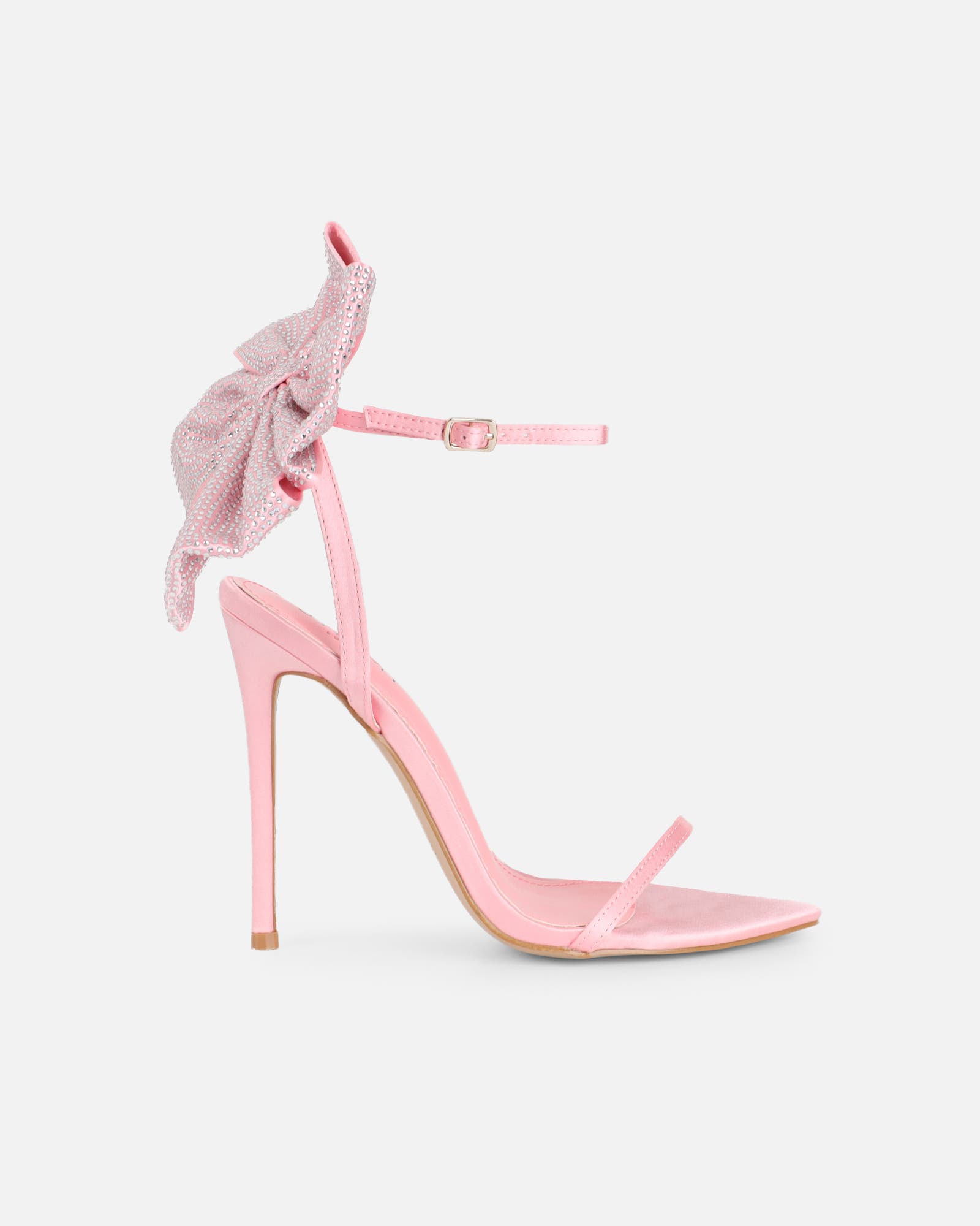 Abbah Pink Satin Diamante Bow Heeled Sandals | SIMMI London