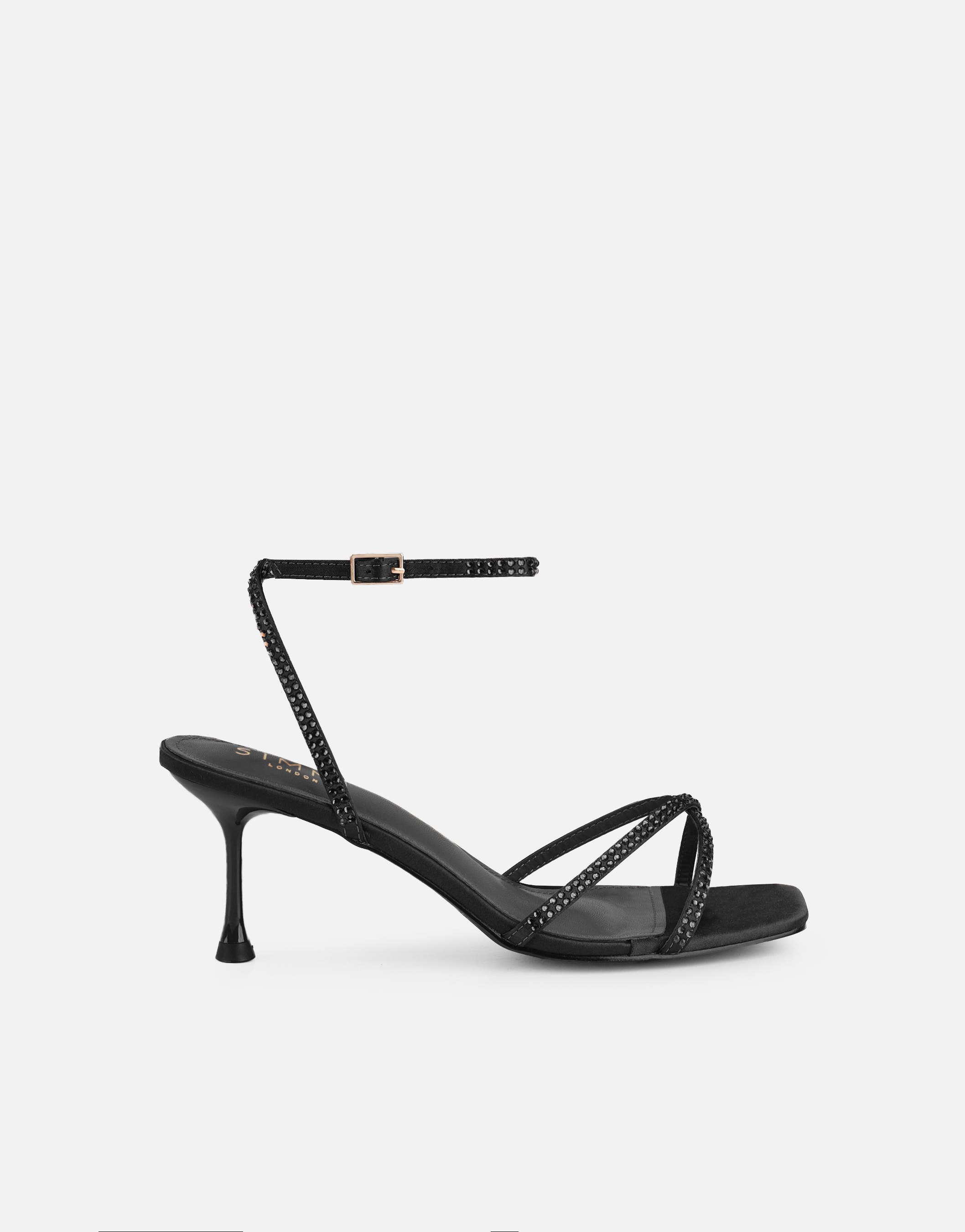 Eleonoora Black Satin Diamante Heeled Sandals | SIMMI London