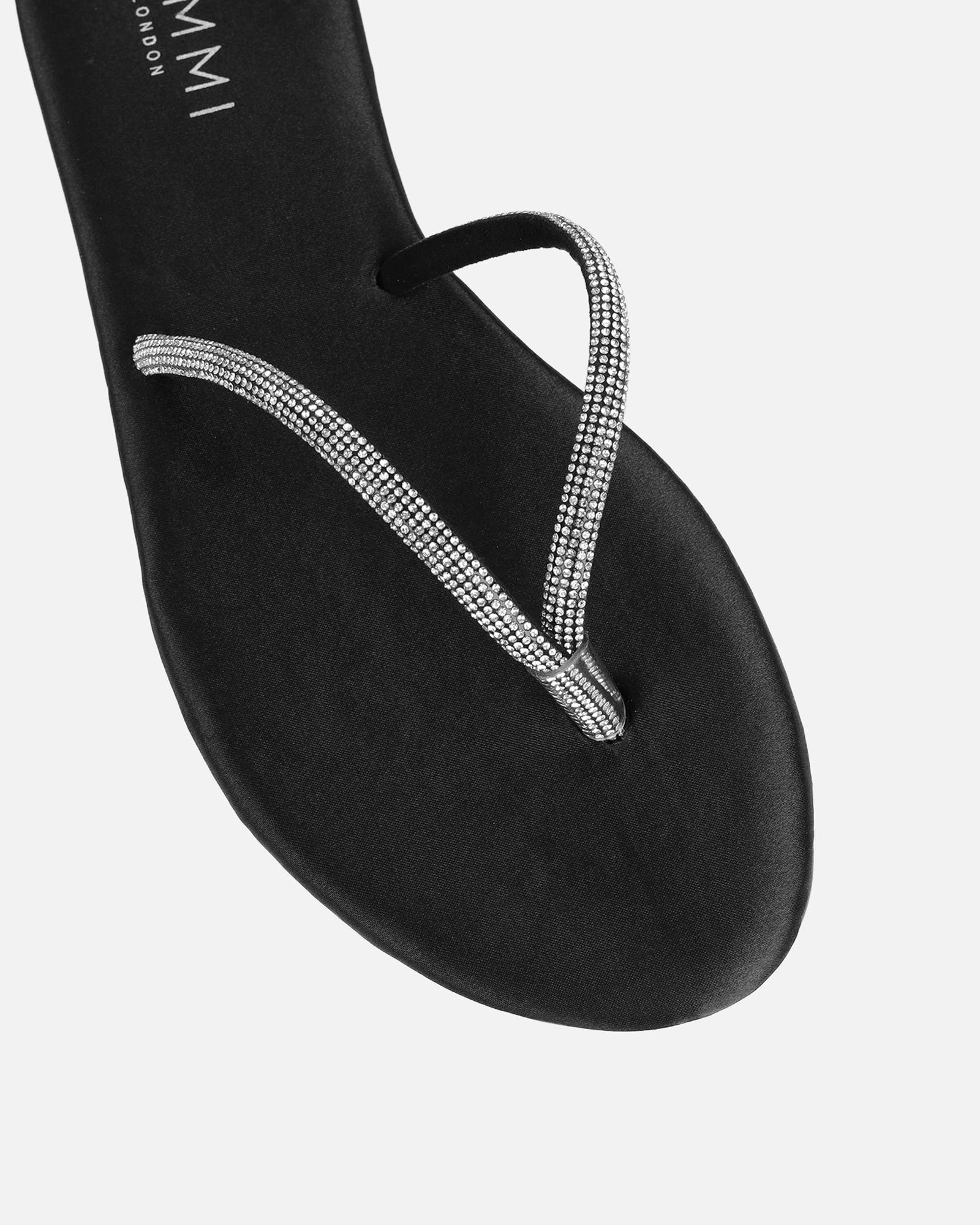 Ersil Black Satin Diamante Toe Thong Sandals | SIMMI London