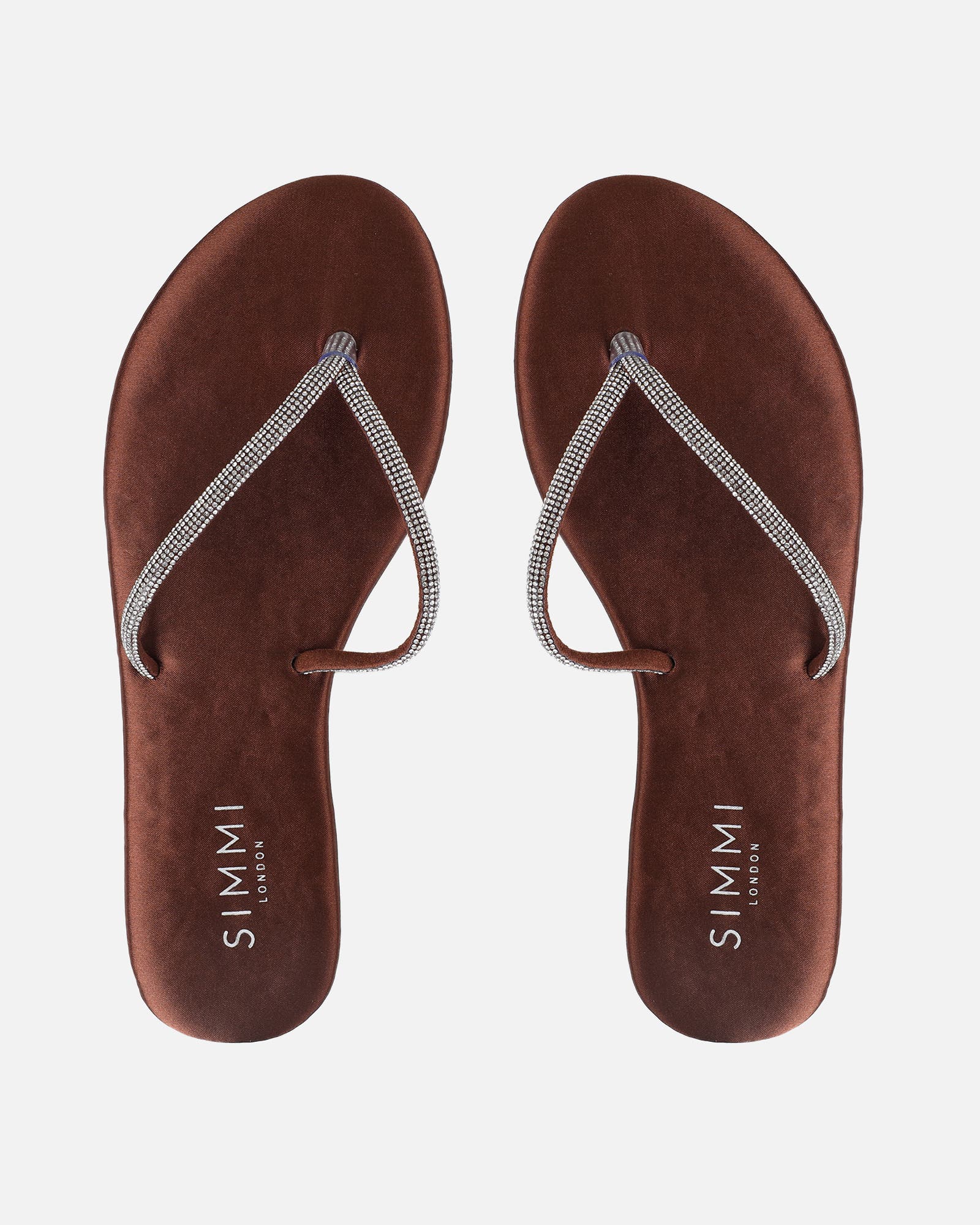 Ersil Chocolate Satin Diamante Toe Thong Sandals | SIMMI London