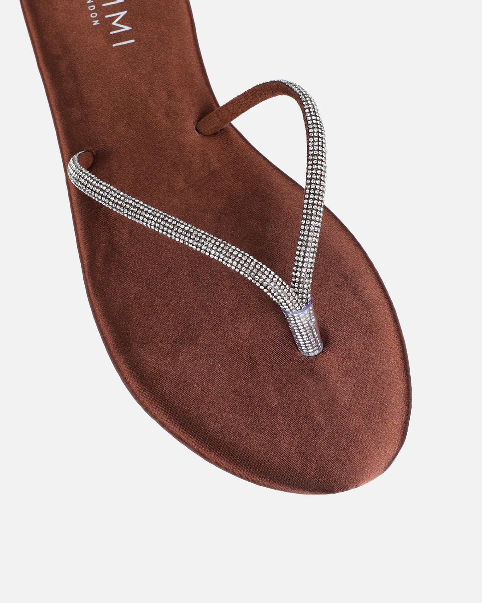 Ersil Chocolate Satin Diamante Toe Thong Sandals | SIMMI London