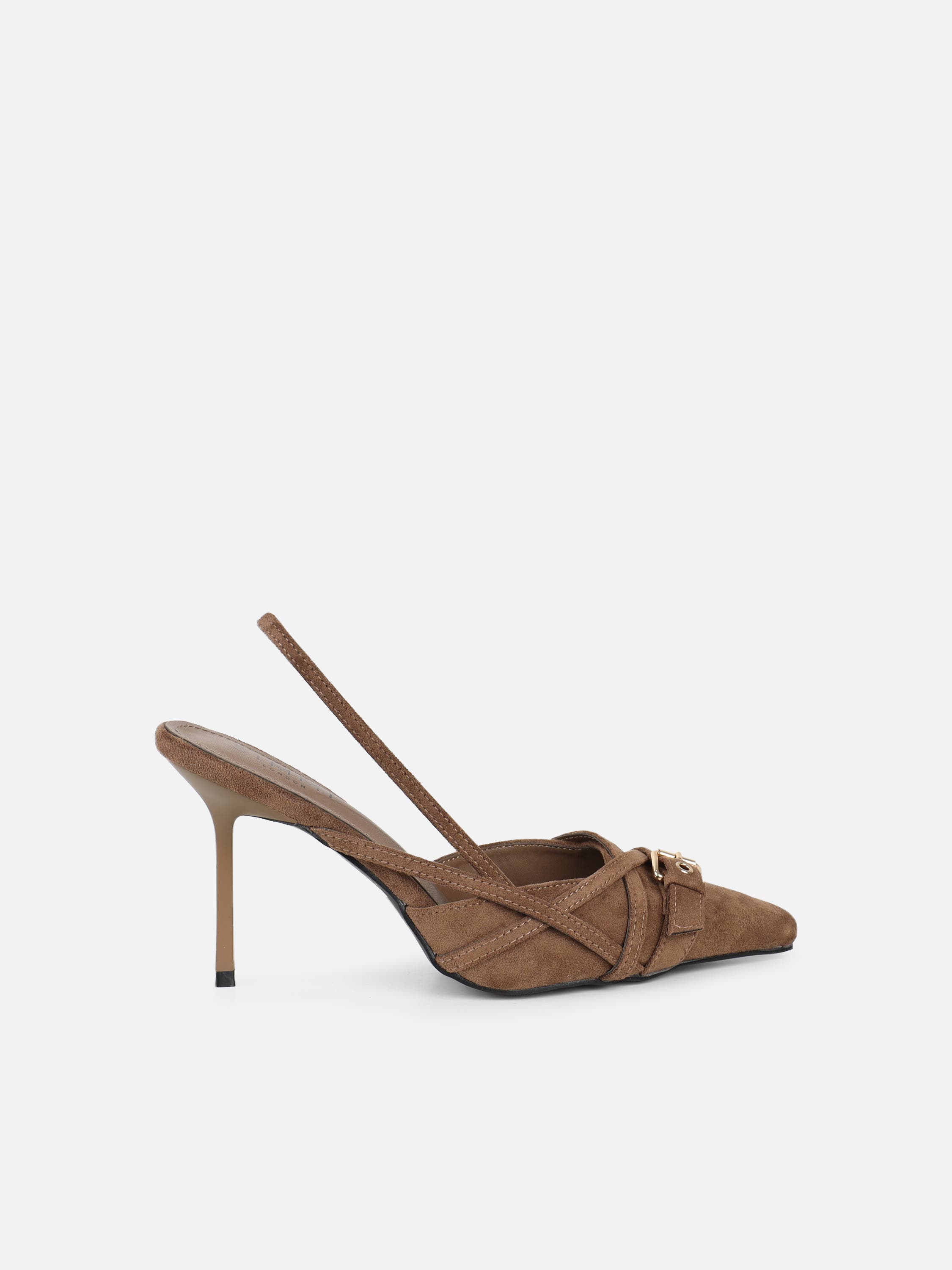 Stallone Dark Beige Suede Strappy Buckle Detail Slingback Court Shoes | SIMMI London