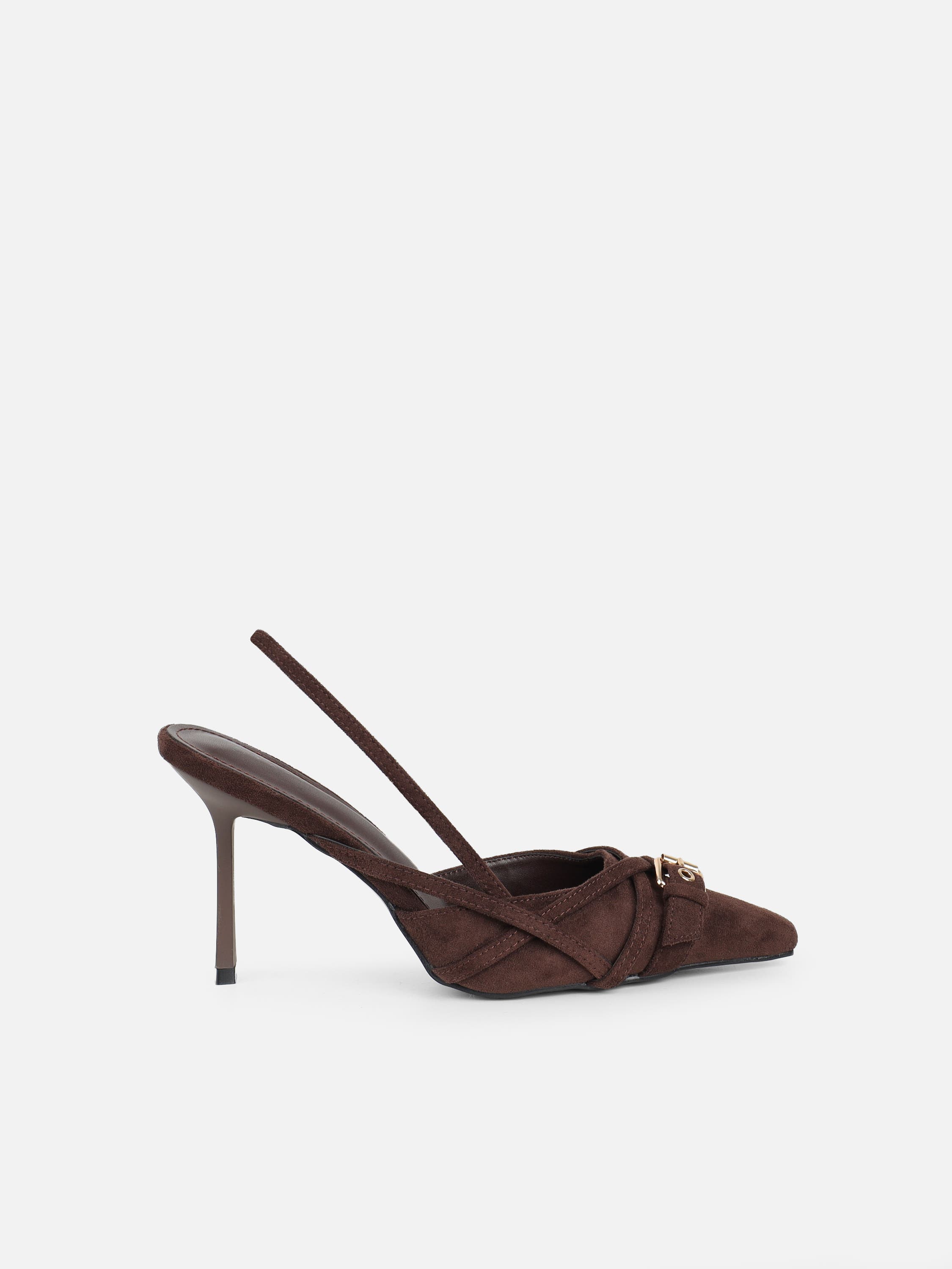 Stallone Brown Suede Strappy Buckle Detail Slingback Court Shoes | SIMMI London