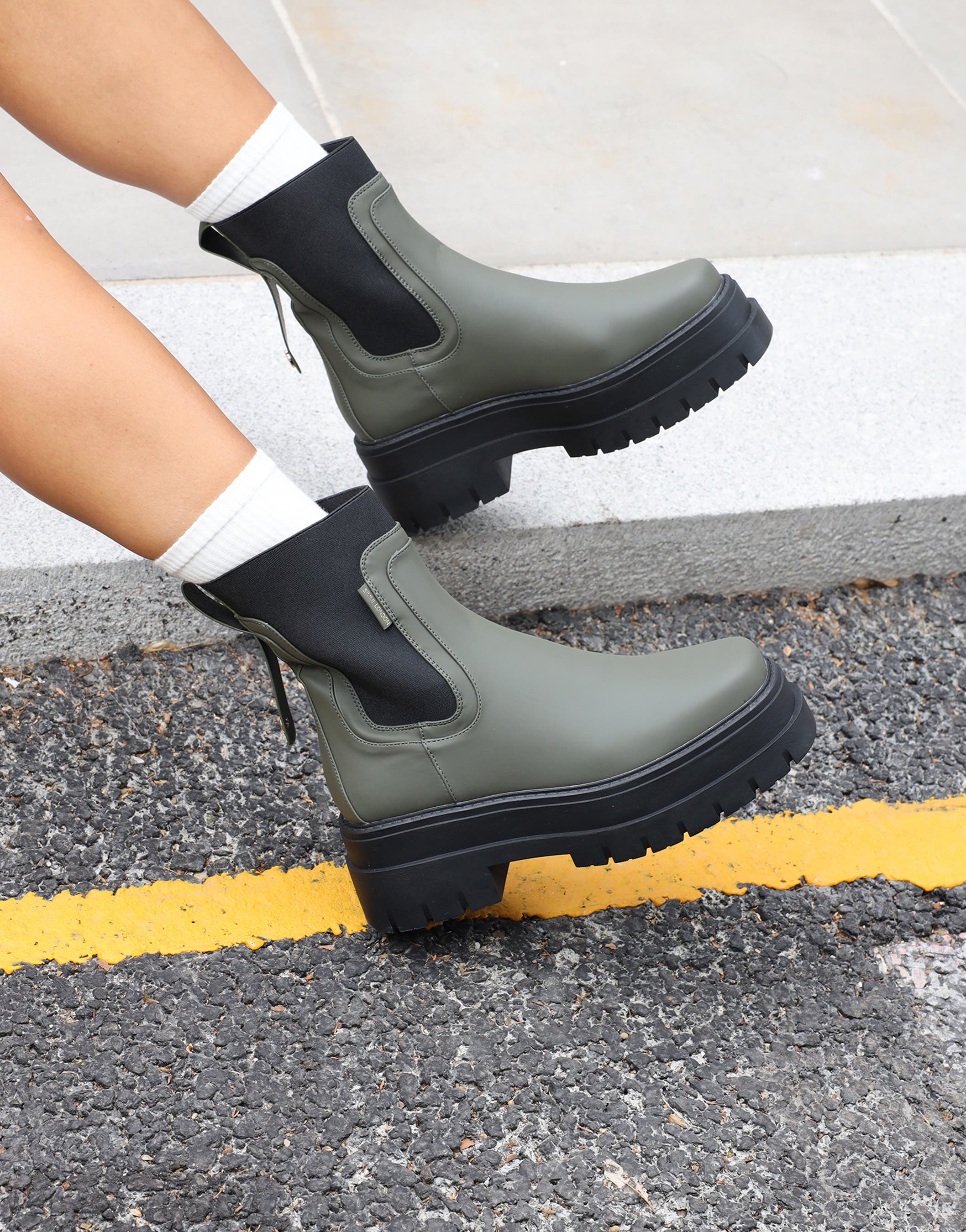 Ansel Khaki Rubberized Contrast Chunky Chelsea Boots | SIMMI London