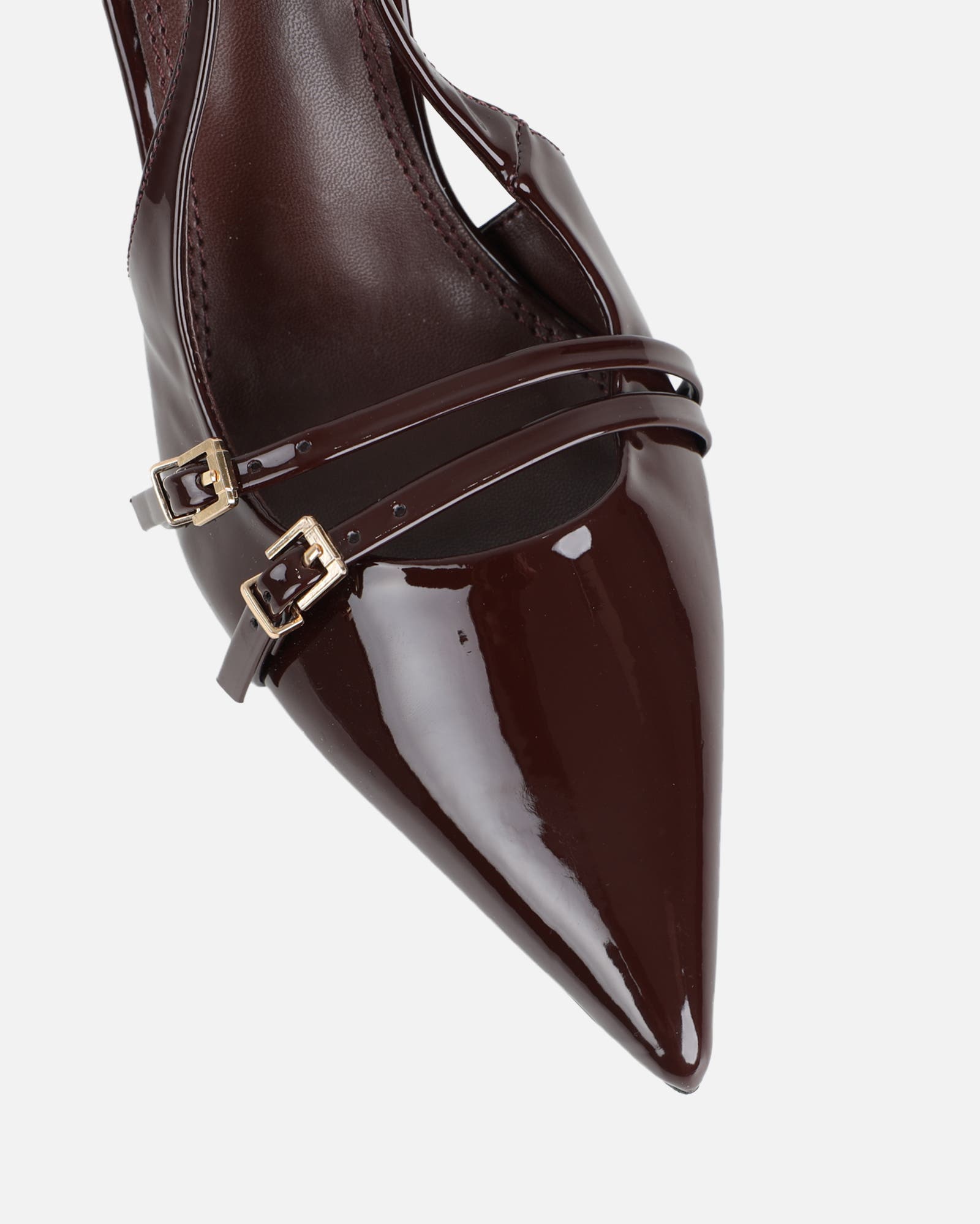 Marika Chocolate Patent Buckle Detail Slingback Courts | SIMMI London