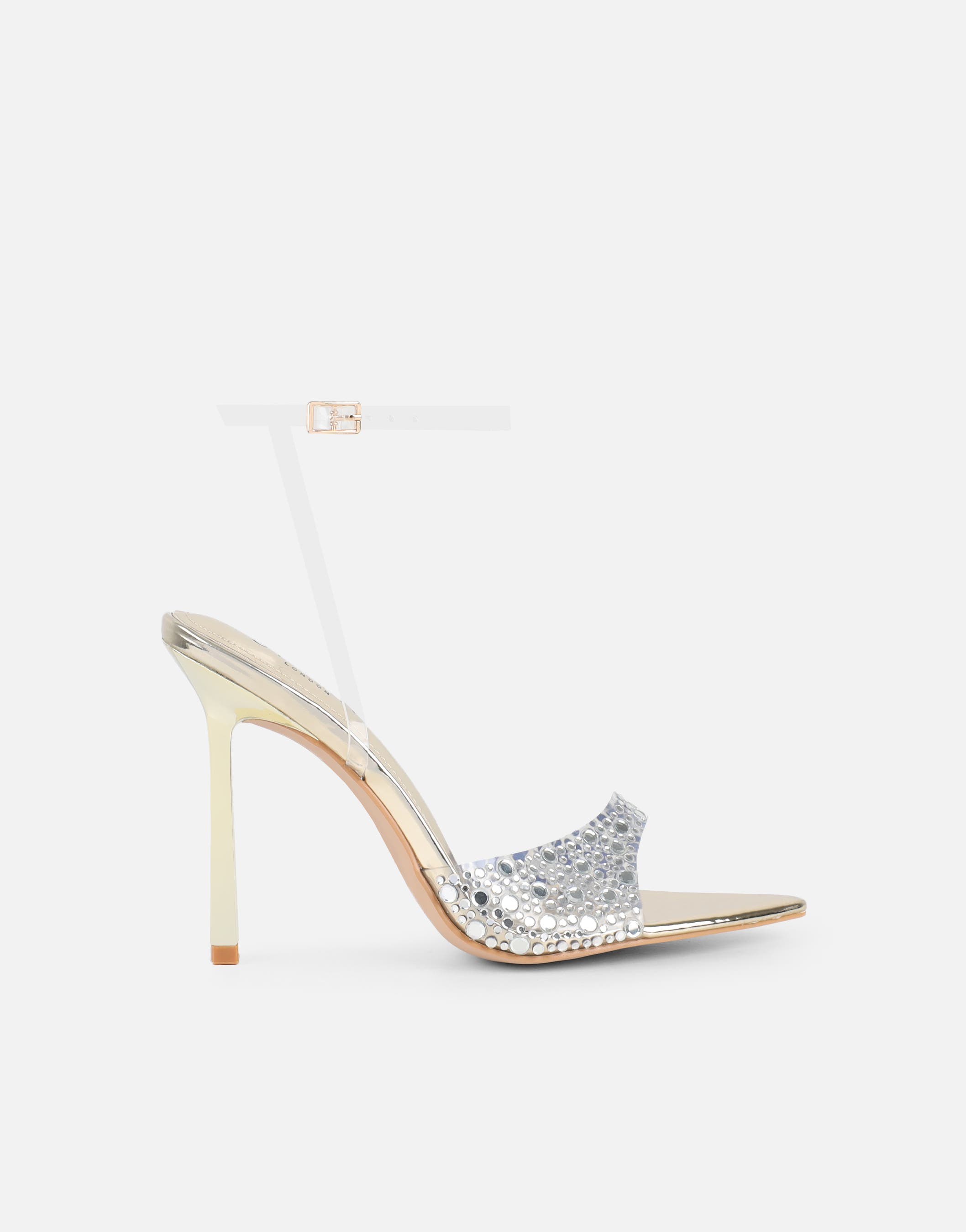 Lopezz Gold Mirror Clear Embellished Heeled Sandals | SIMMI London