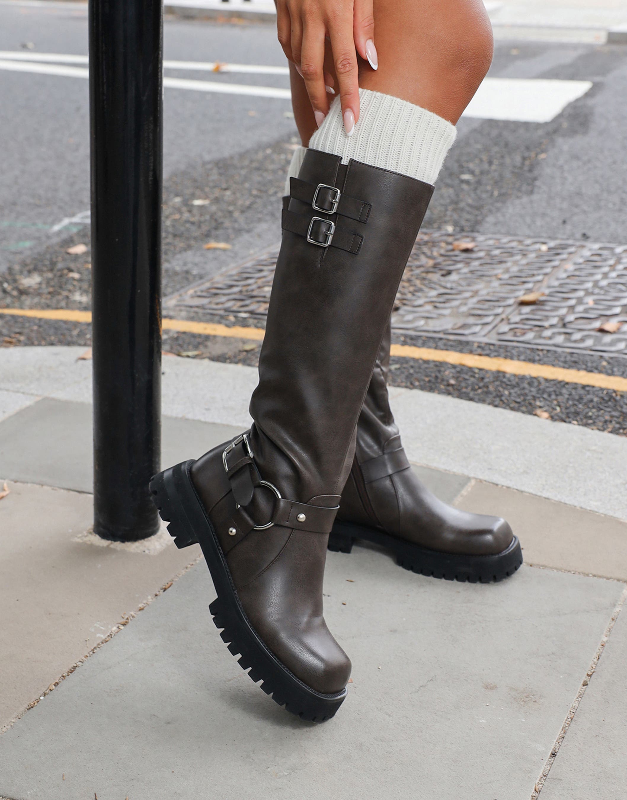 Benton Vintage Brown Knee High Chunky Biker Boots | SIMMI London