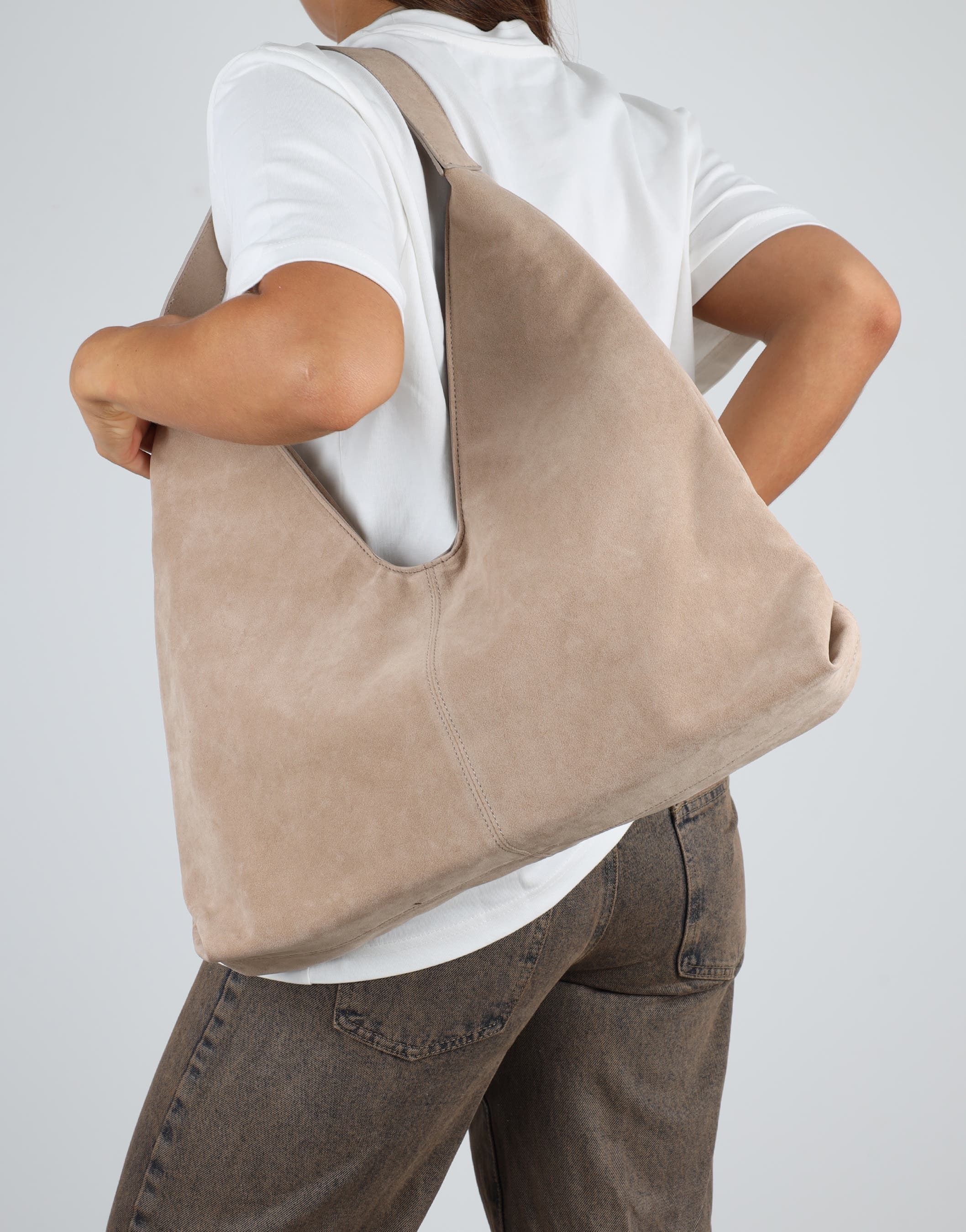 Isla Large Beige Faux Suede Shoulder Bag | SIMMI London