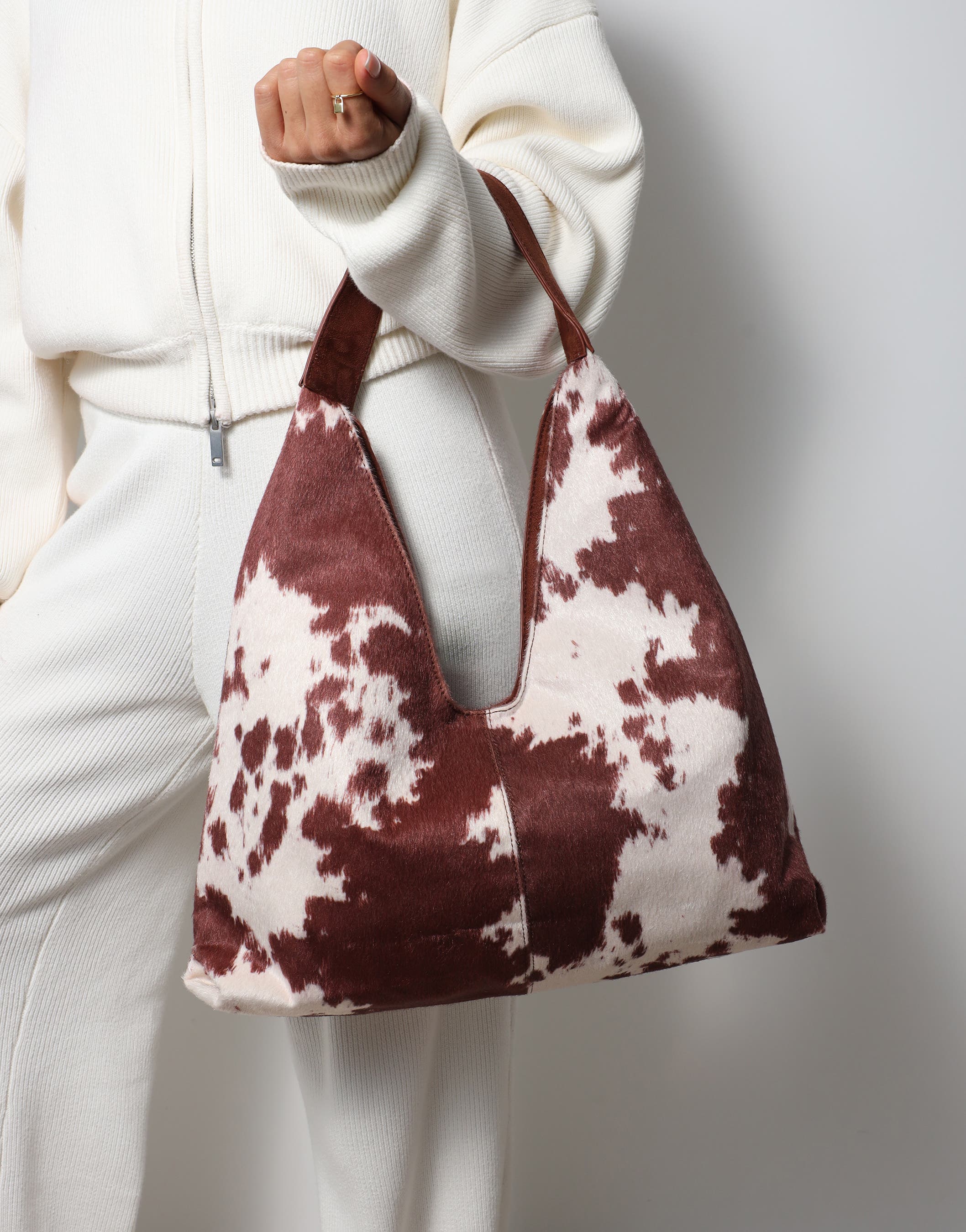 Isla Large Cow Print Suede Shoulder Bag | SIMMI London