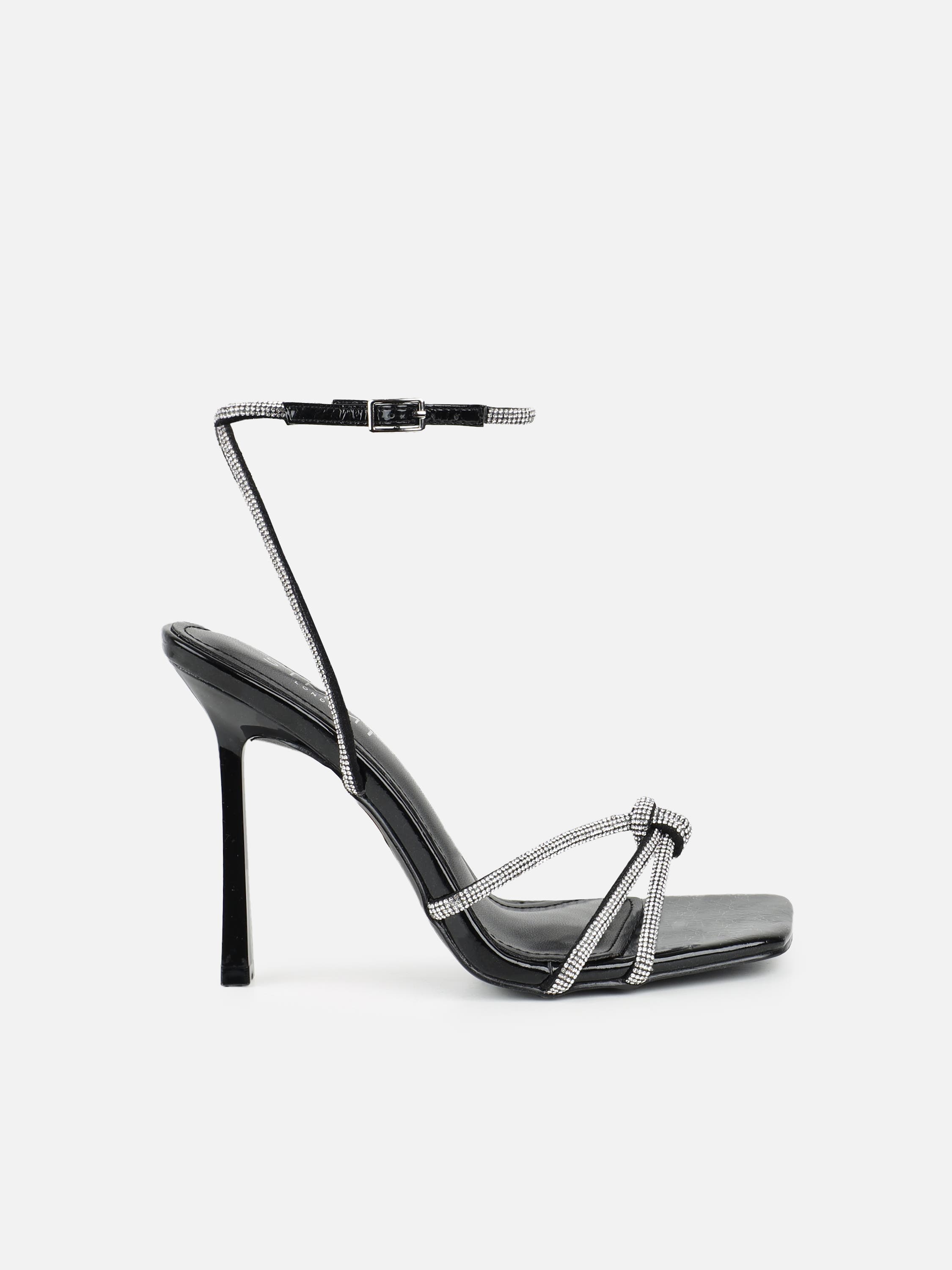 Janeet Black Diamante Knot Heeled Sandals | SIMMI London