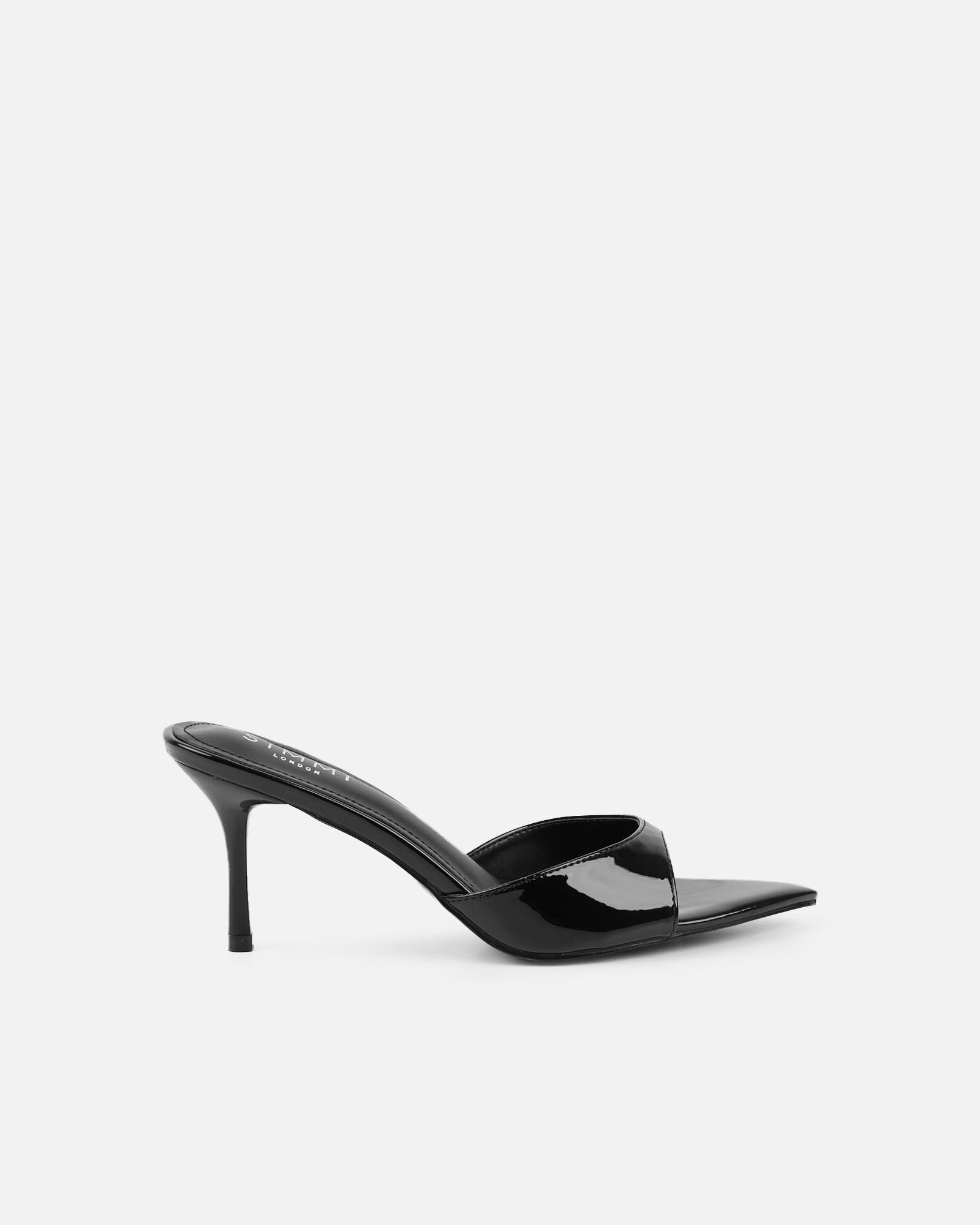 Jerez Black Patent Peep Toe Heeled Sandals | SIMMI London
