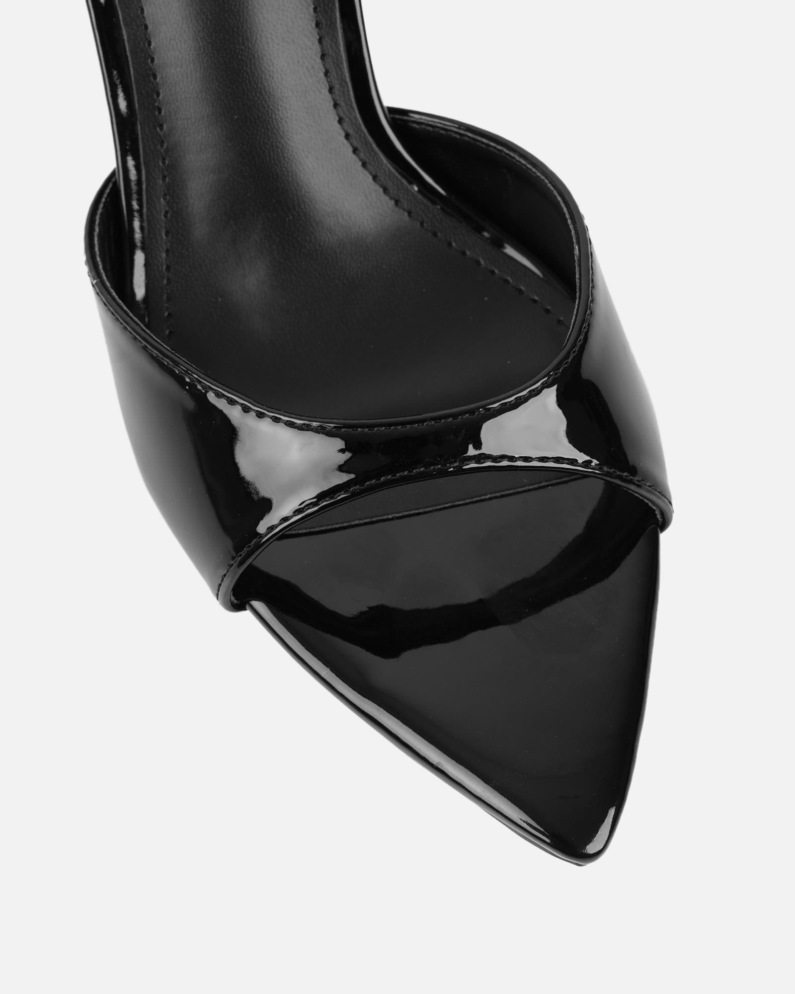 Jerez Black Patent Peep Toe Heeled Sandals | SIMMI London