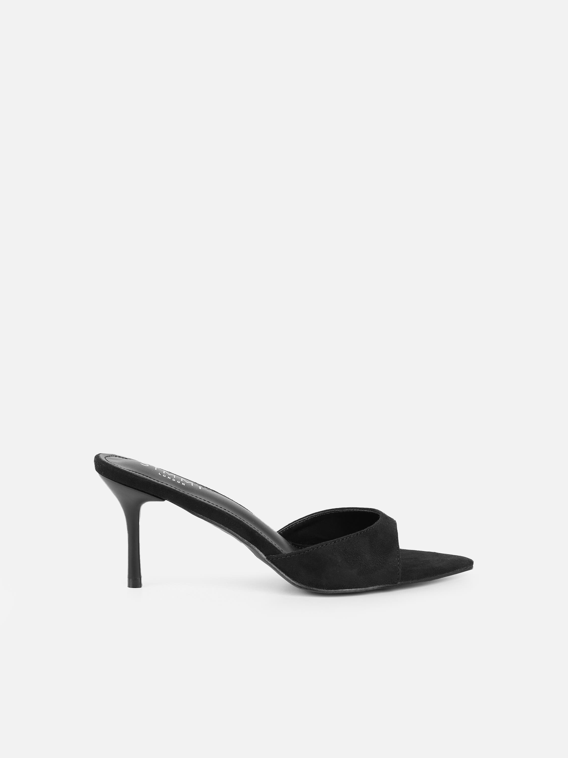 Silvia Black Suede Peep Toe Heeled Sandals | SIMMI London