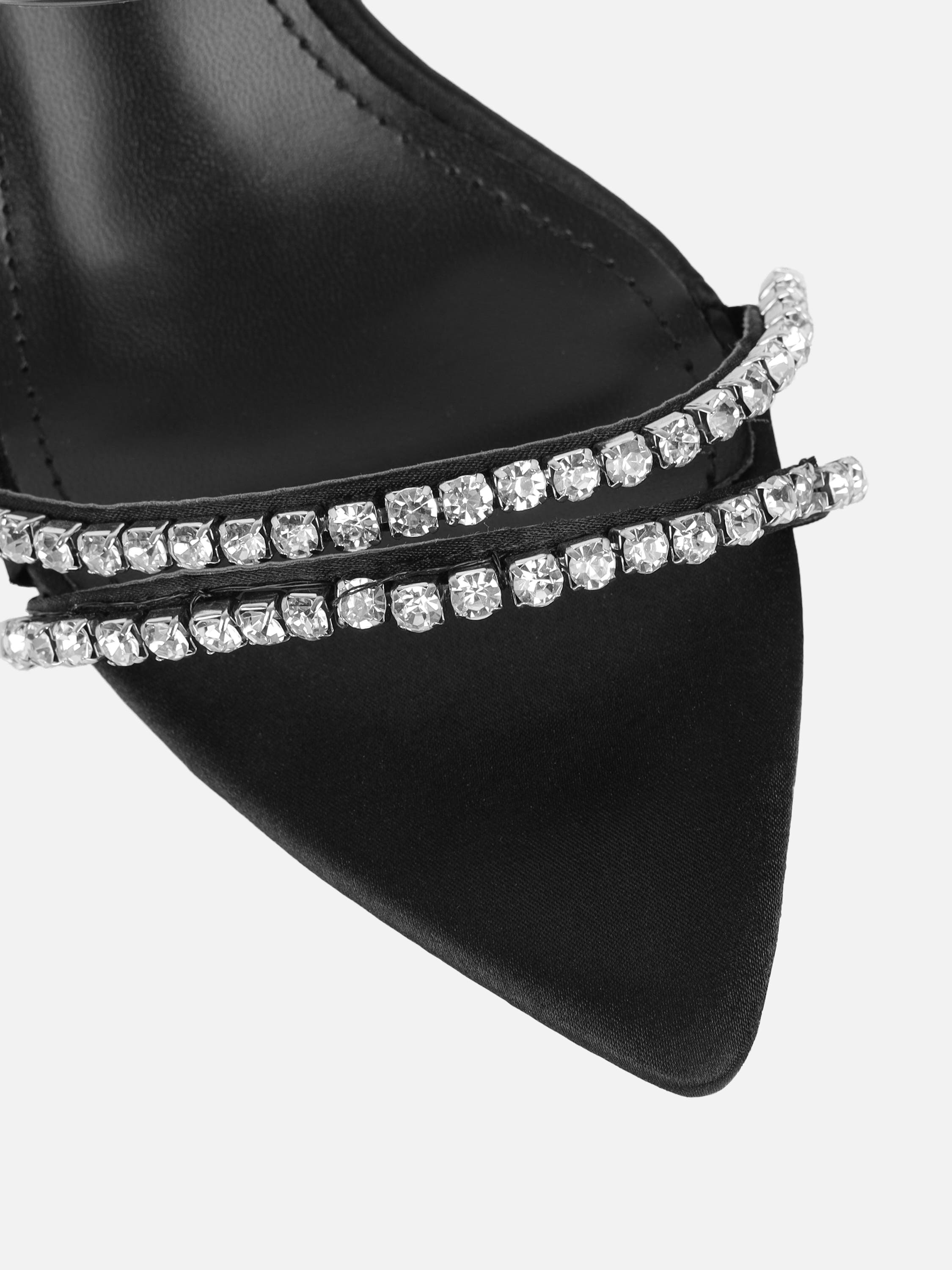 Isha Black Satin Diamante Mules | SIMMI London